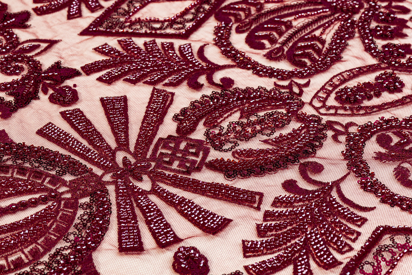 Damask Beaded and Embroidered Tulle - Burgundy
