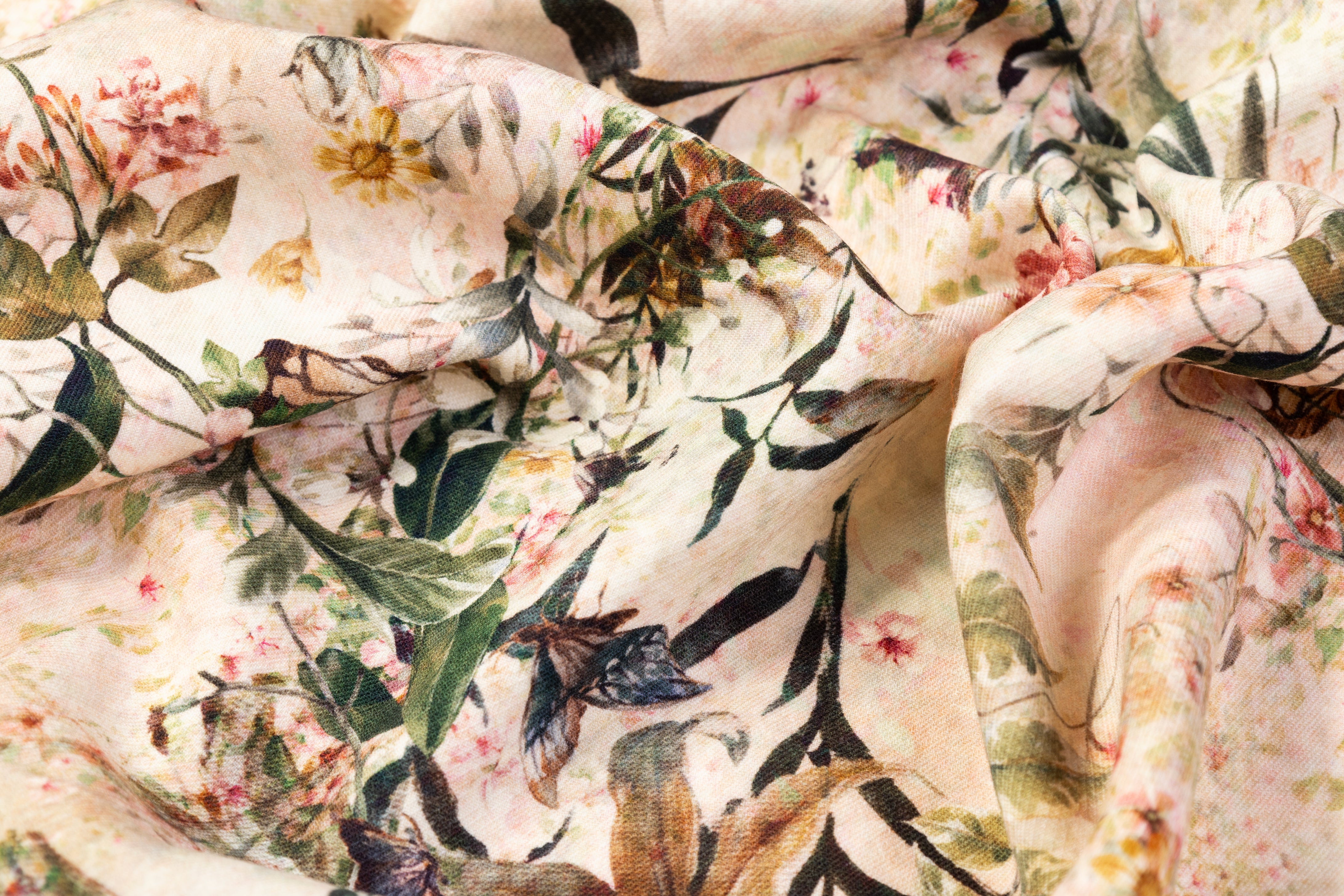 Floral Italian Printed Wool Twill - Beige