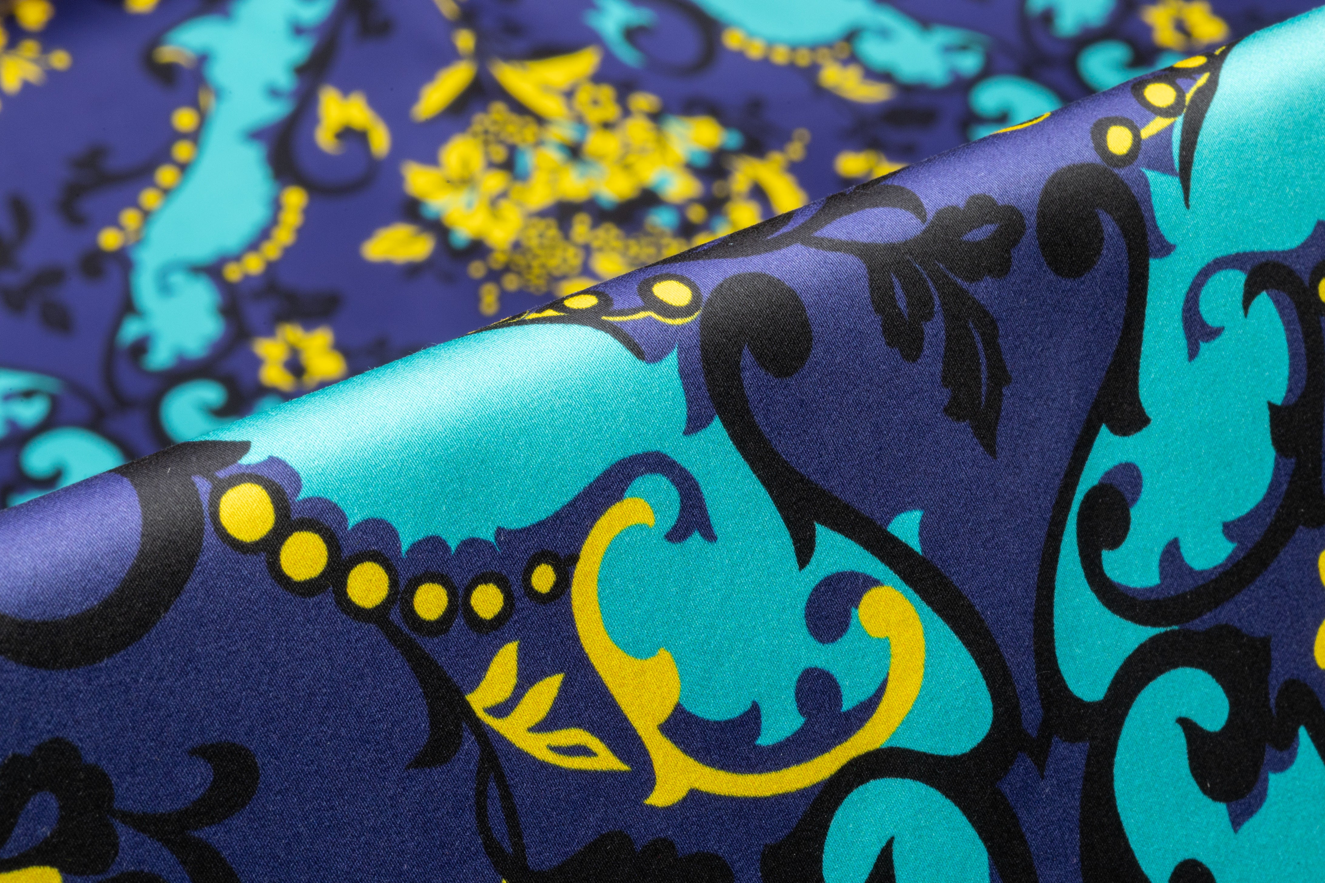 Ratti - Floral Damask Italian Cotton Sateen - Blue / Yellow / Turquoise
