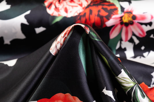 Floral Italian Silk Charmeuse - Black / Red / Green / White