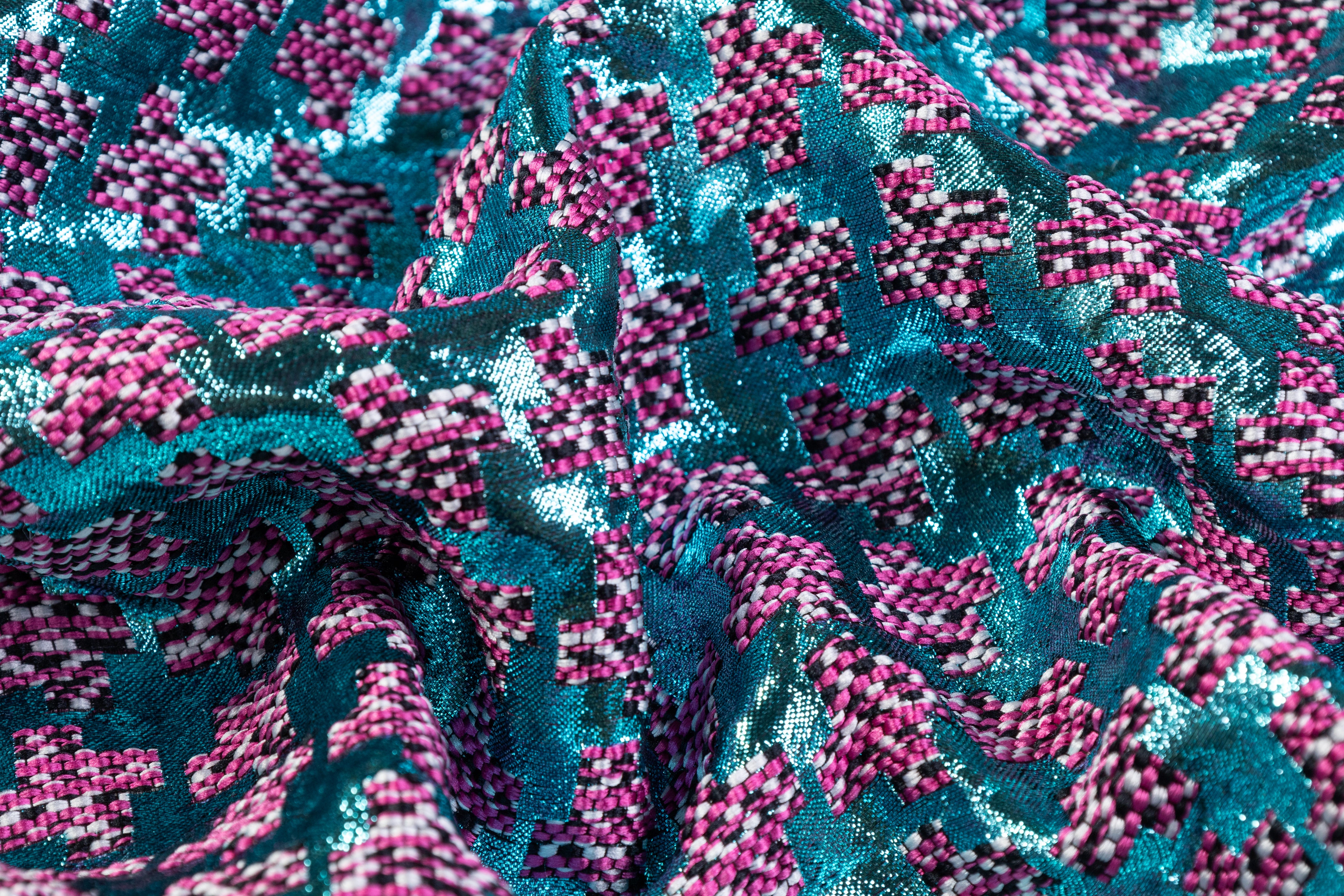 Metallic Italian Houndstooth Brocade - Blue / Pink