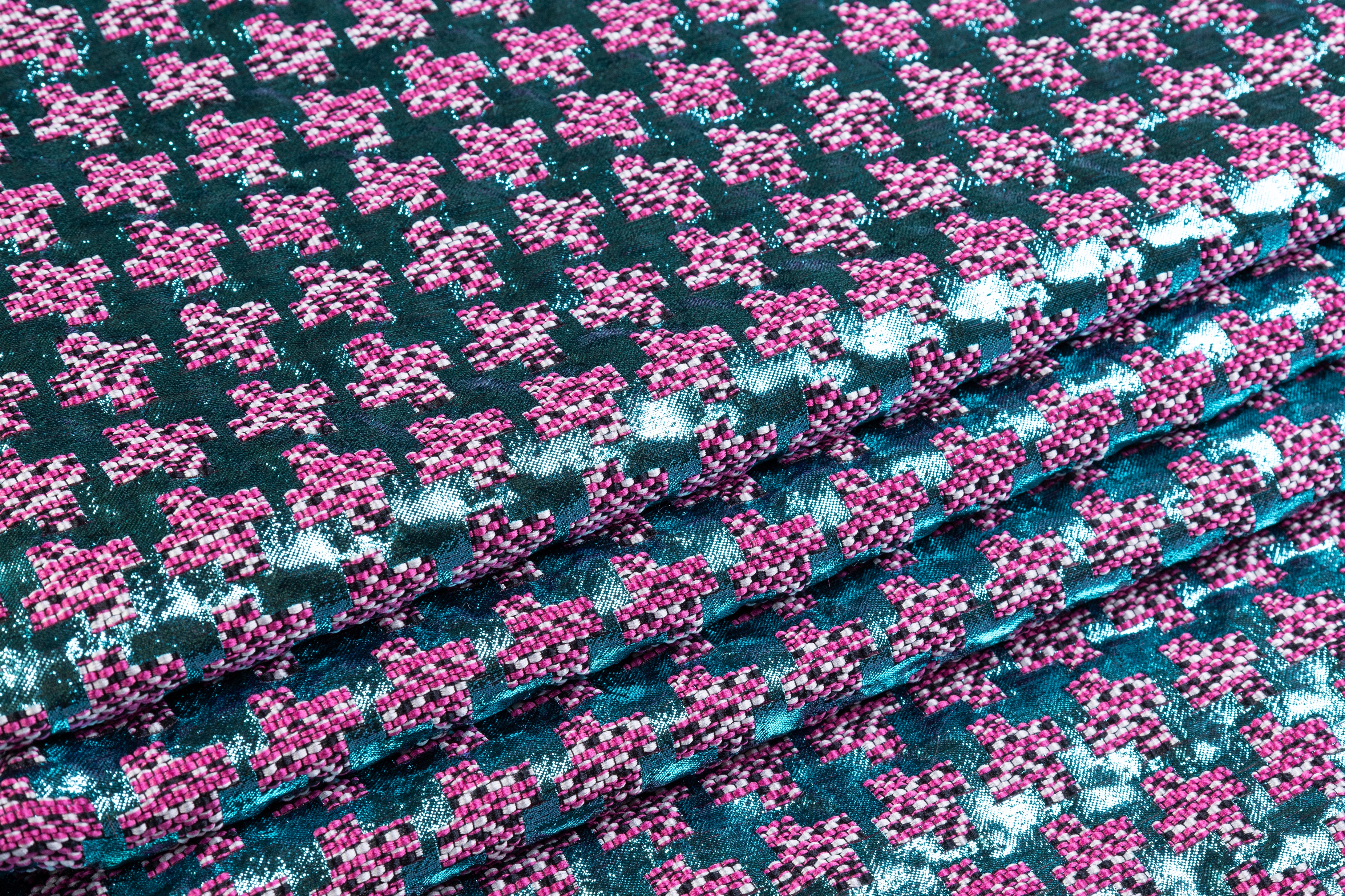 Metallic Italian Houndstooth Brocade - Blue / Pink