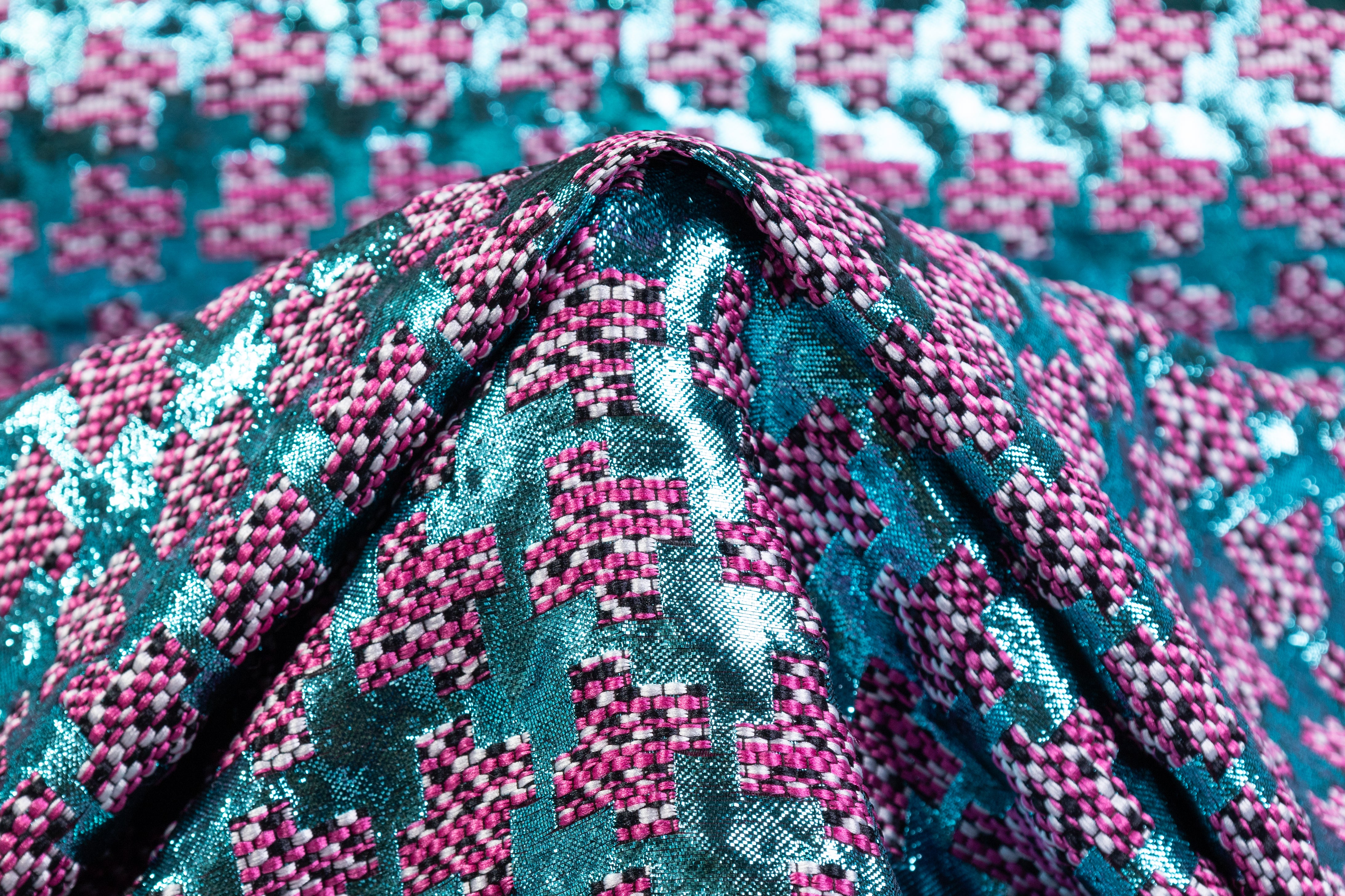 Metallic Italian Houndstooth Brocade - Blue / Pink