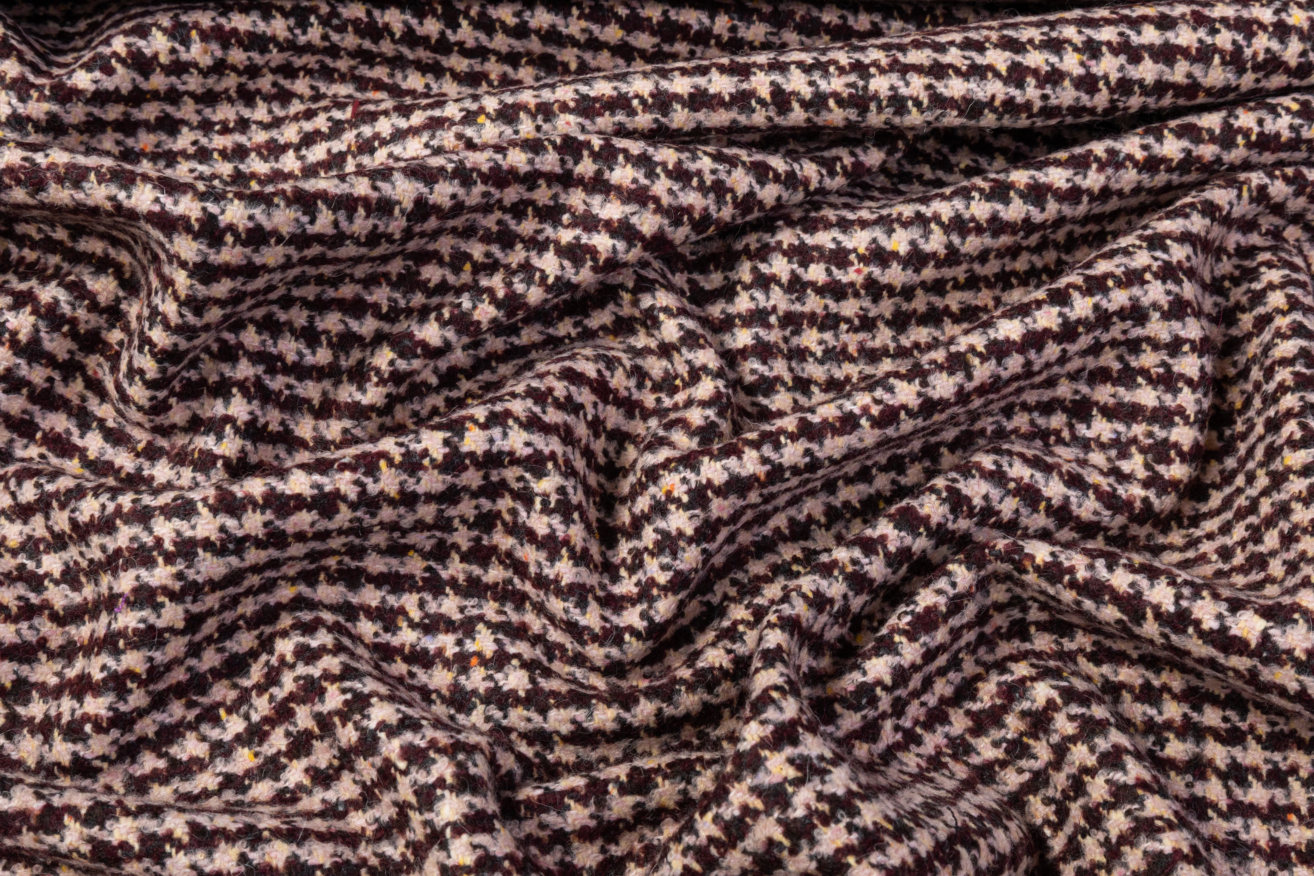 Italian Houndstooth Wool Tweed Boucle - Pink / Burgundy