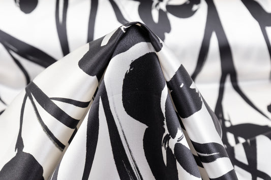 Floral Italian Silk Charmeuse - Black / Off White