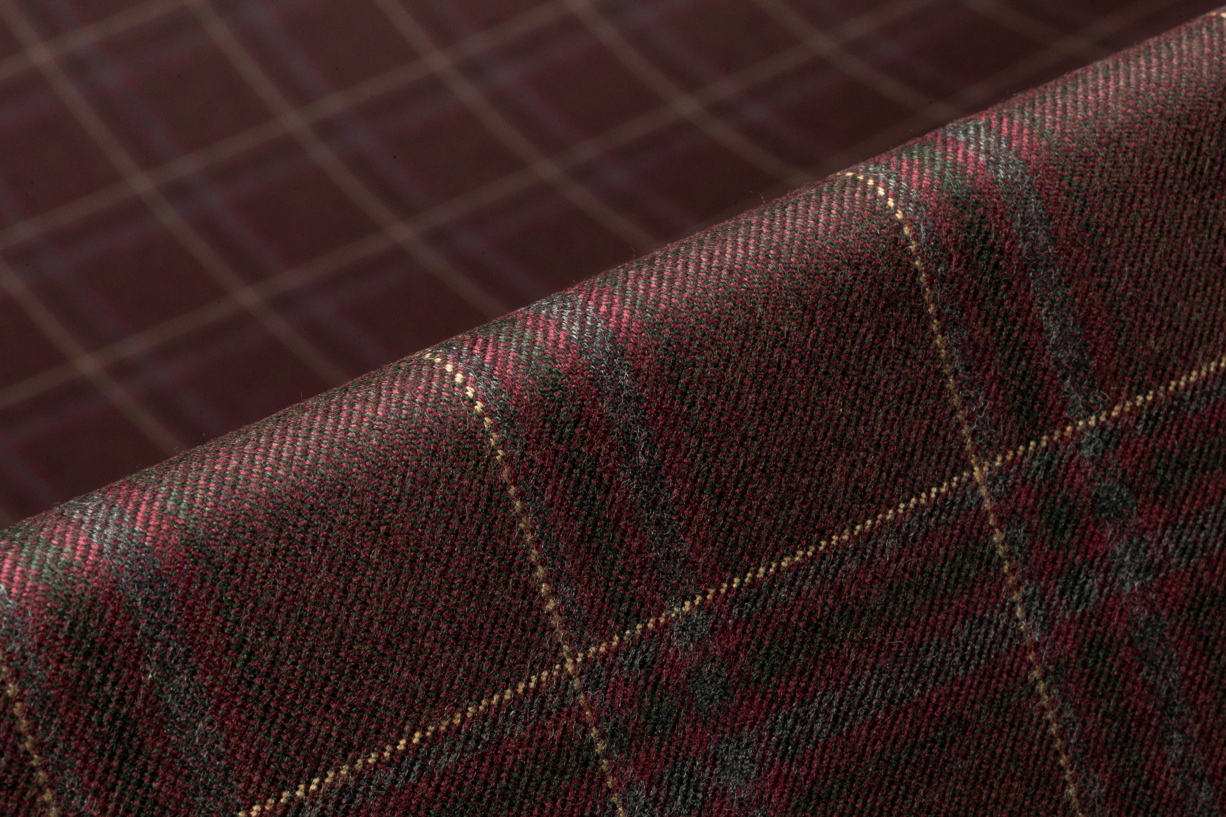 Plaid Italian Wool Suiting - Burgundy / Green / Taupe