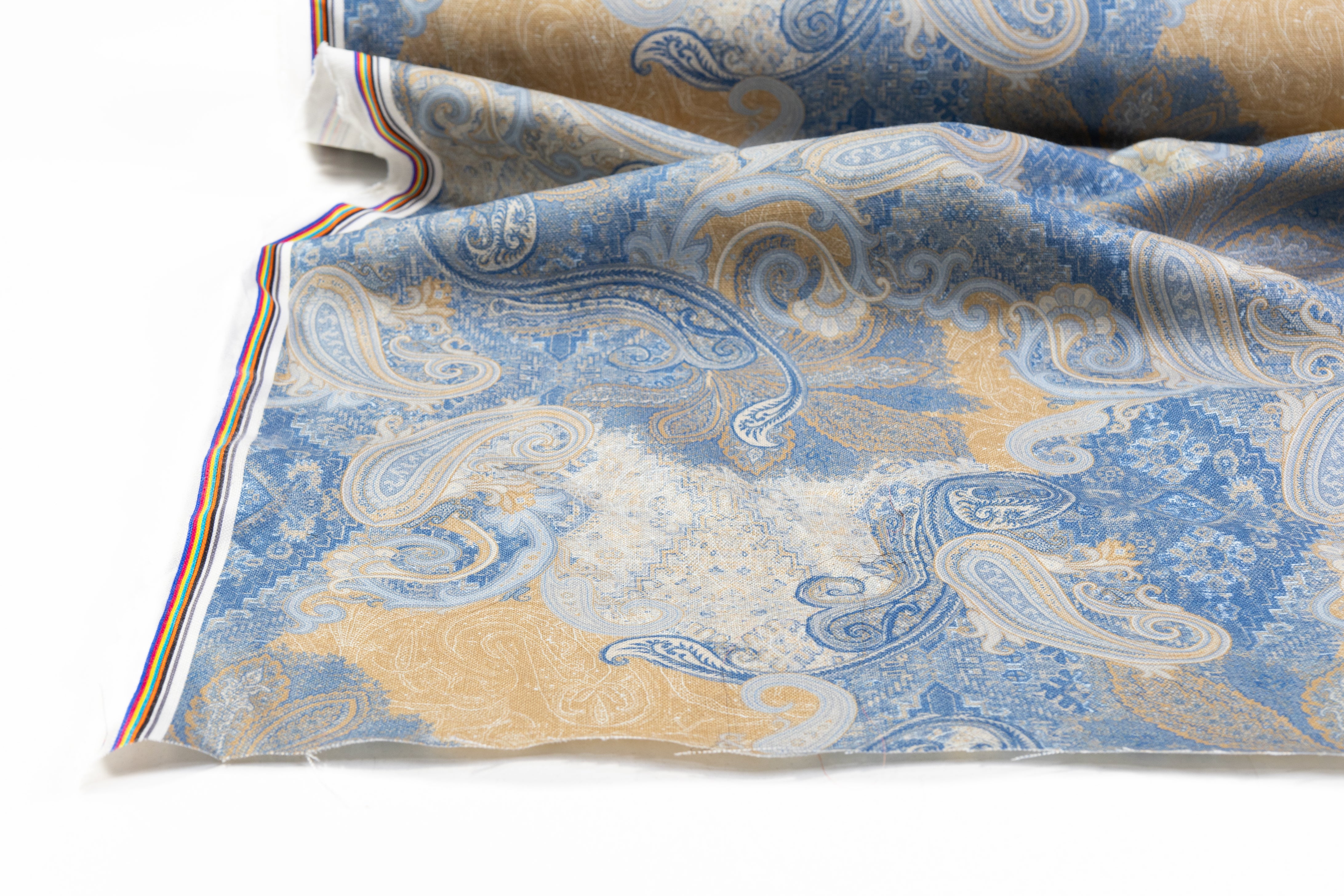 Paisley Printed Italian Linen - Blue / Beige