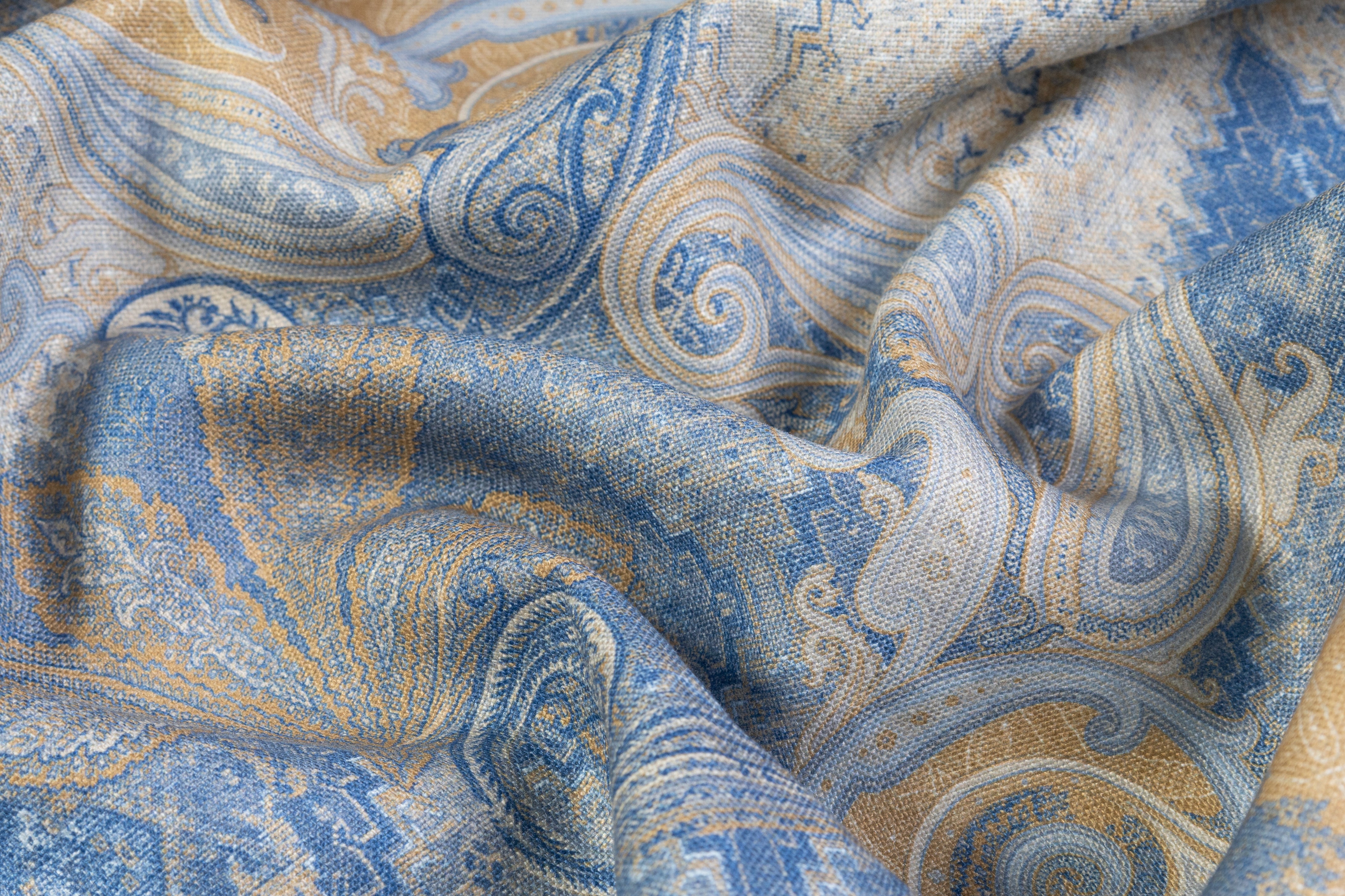 Paisley Printed Italian Linen - Blue / Beige