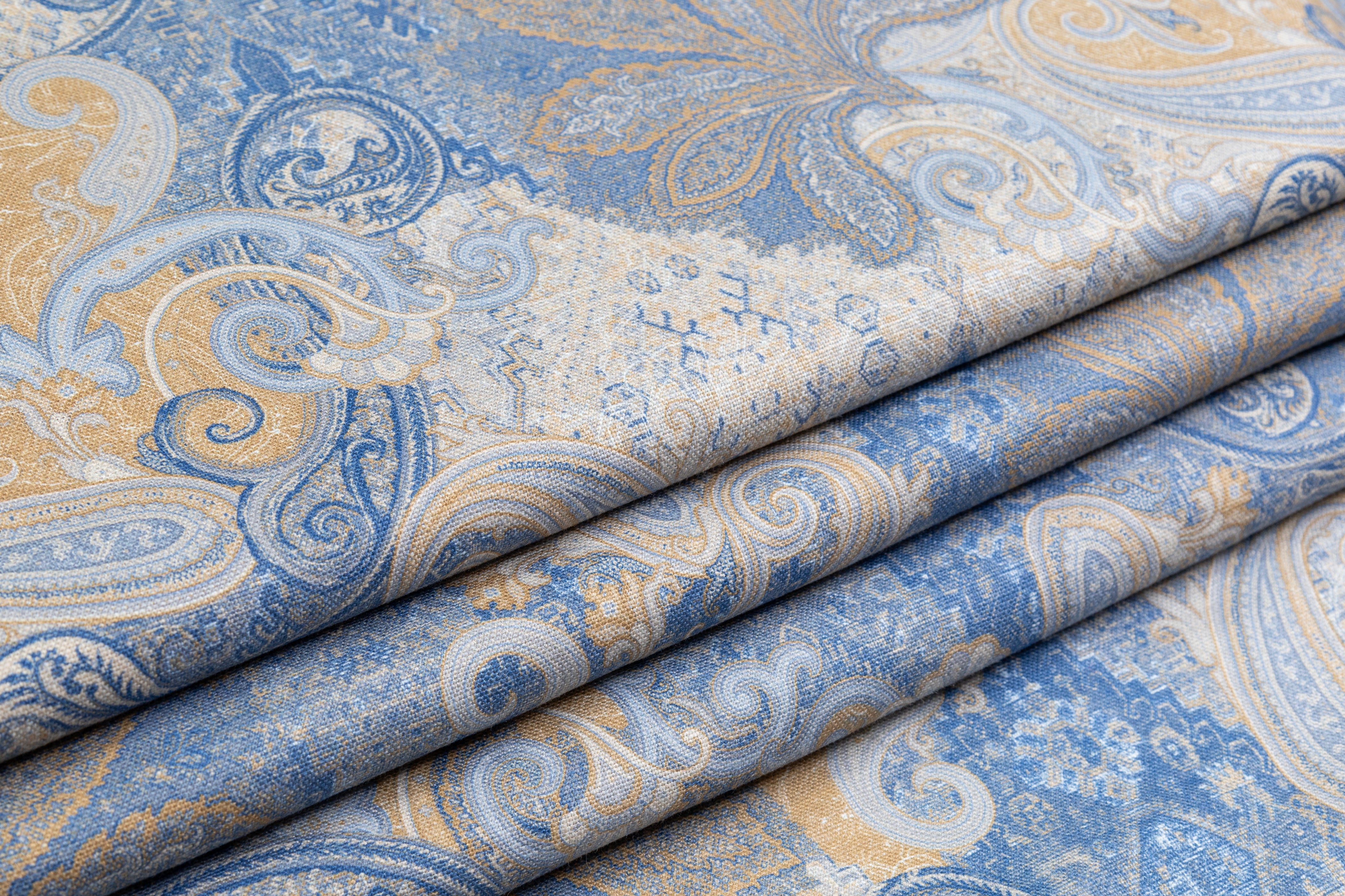 Paisley Printed Italian Linen - Blue / Beige