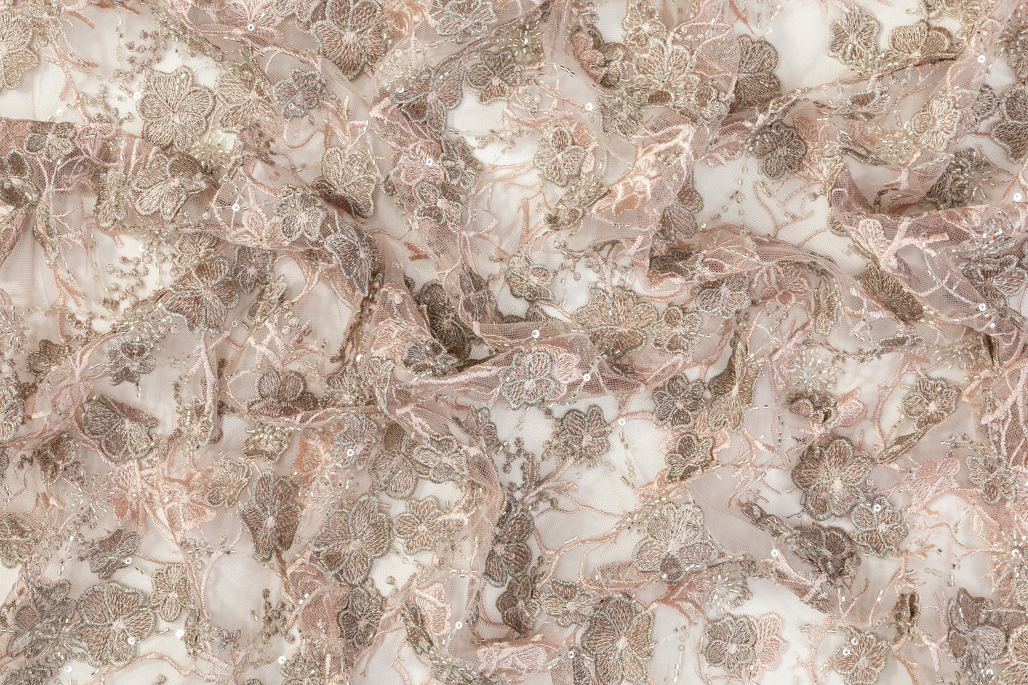 Floral Beaded and Embroidered Tulle - Pink / Taupe