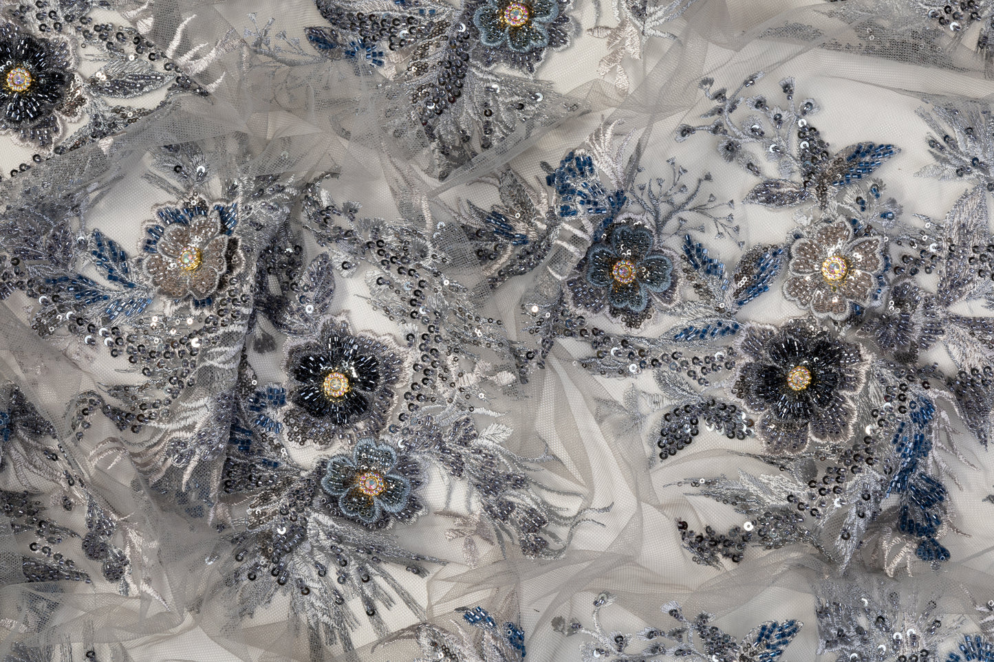 Floral Beaded and Embroidered Tulle - Blue / Gray