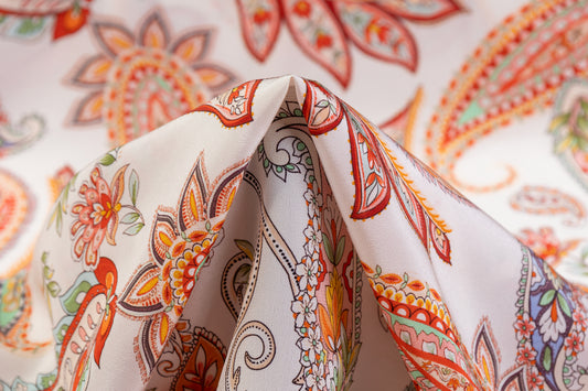Paisley Italian Silk Crepe de Chine - Orange / Red