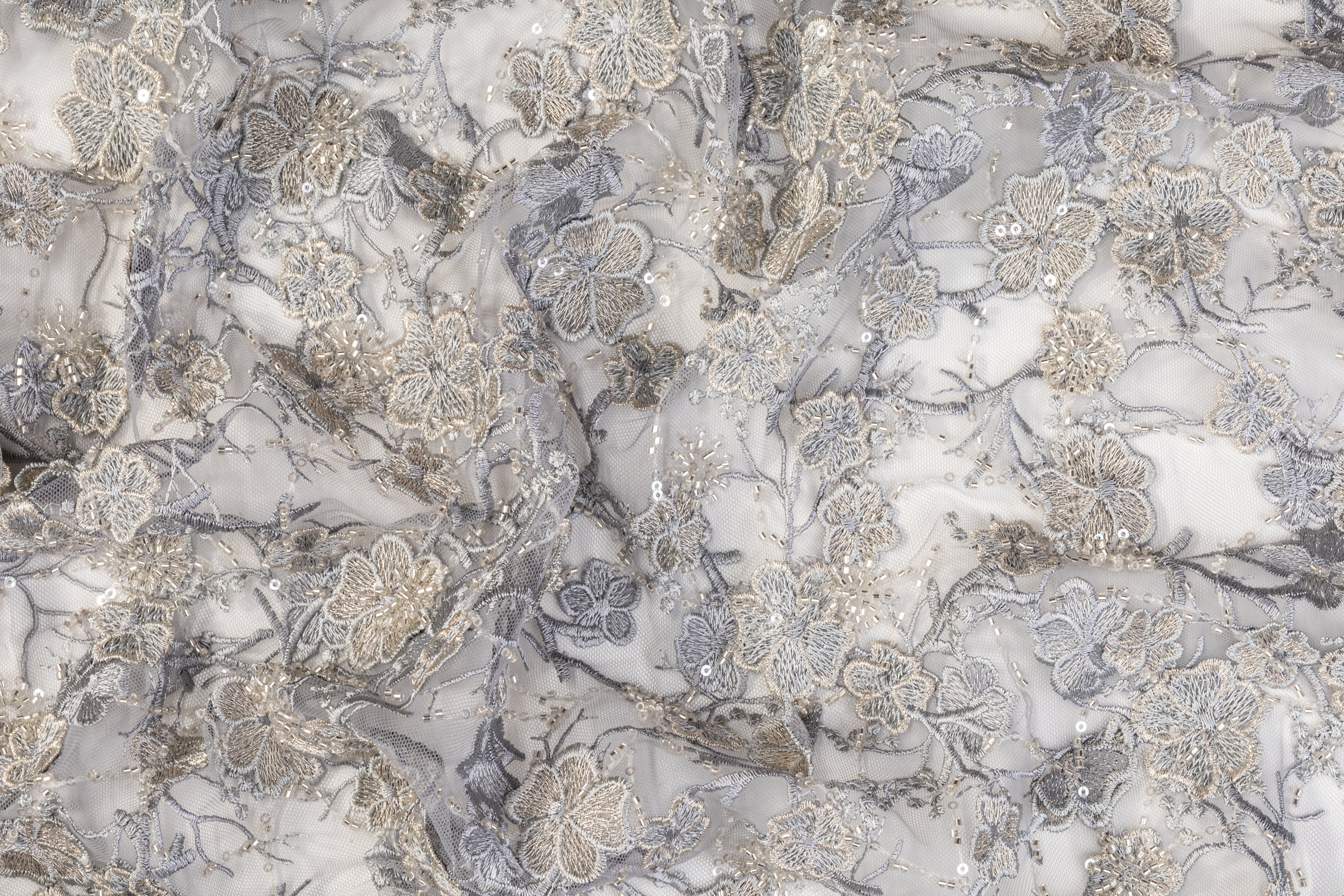 Floral Beaded and Embroidered Tulle - Gray