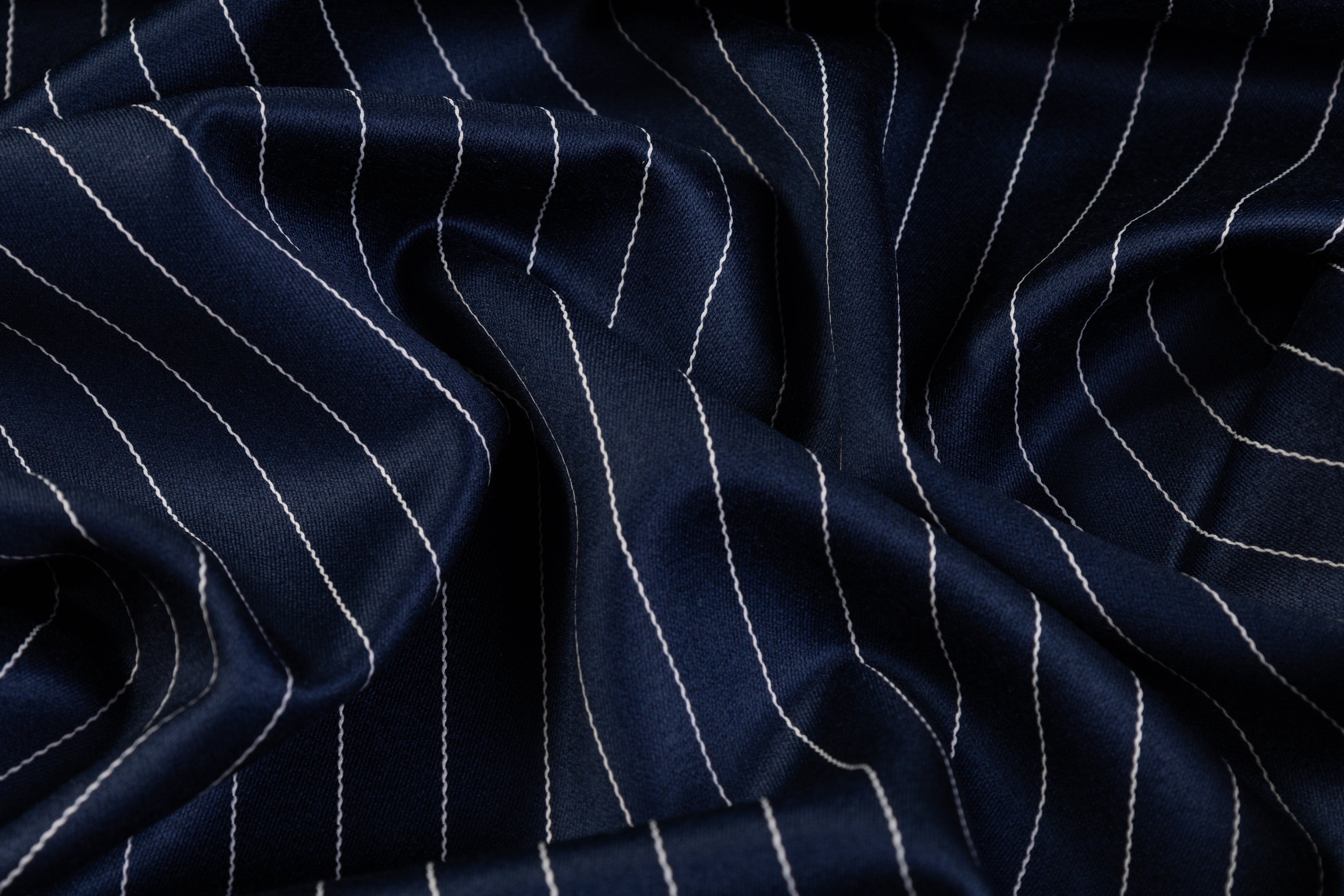 Pin Striped Italian Satin Faille Wool Suiting - Navy / White