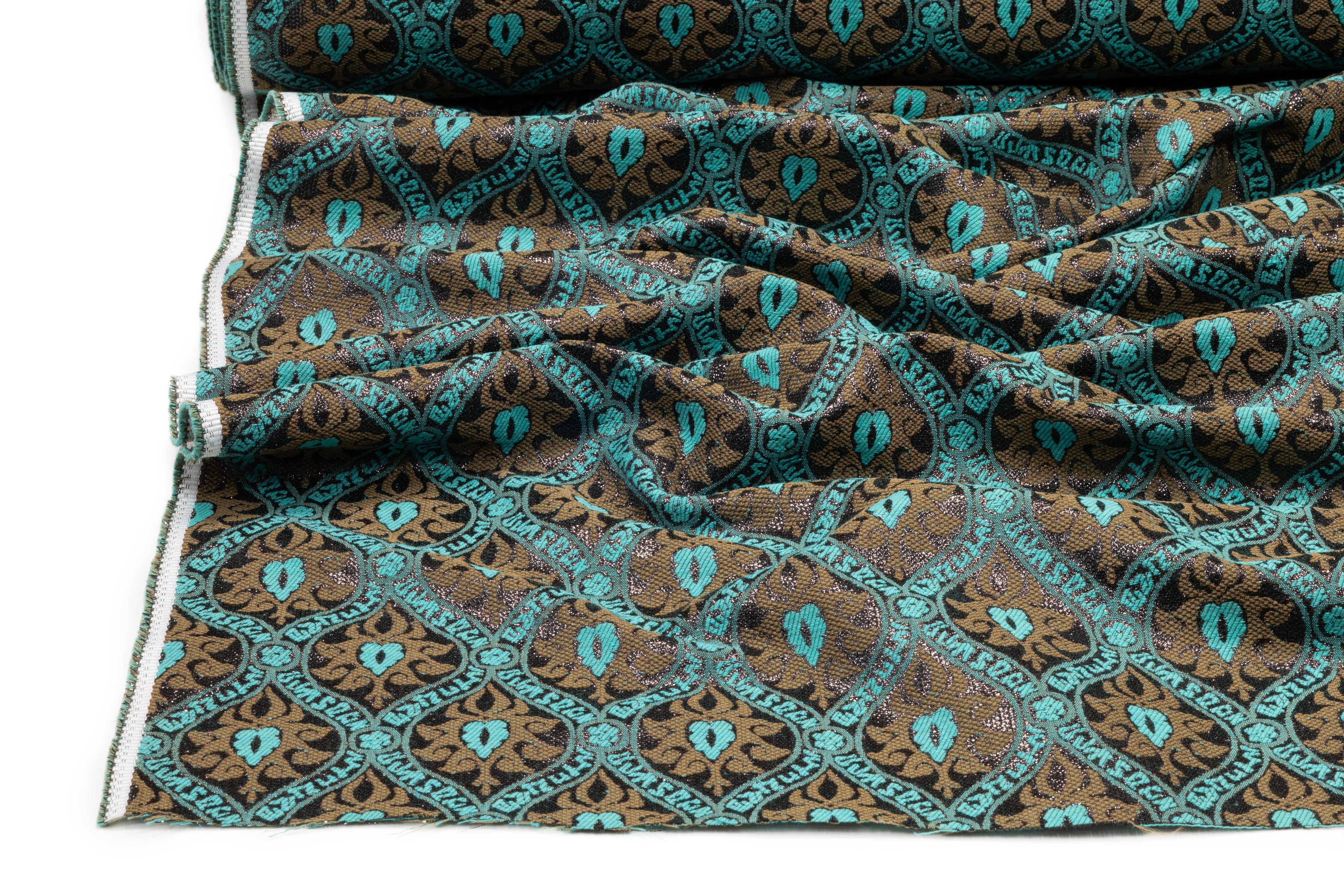 Ornamental Metallic Italian Cotton Blend Brocade - Teal / Bronze