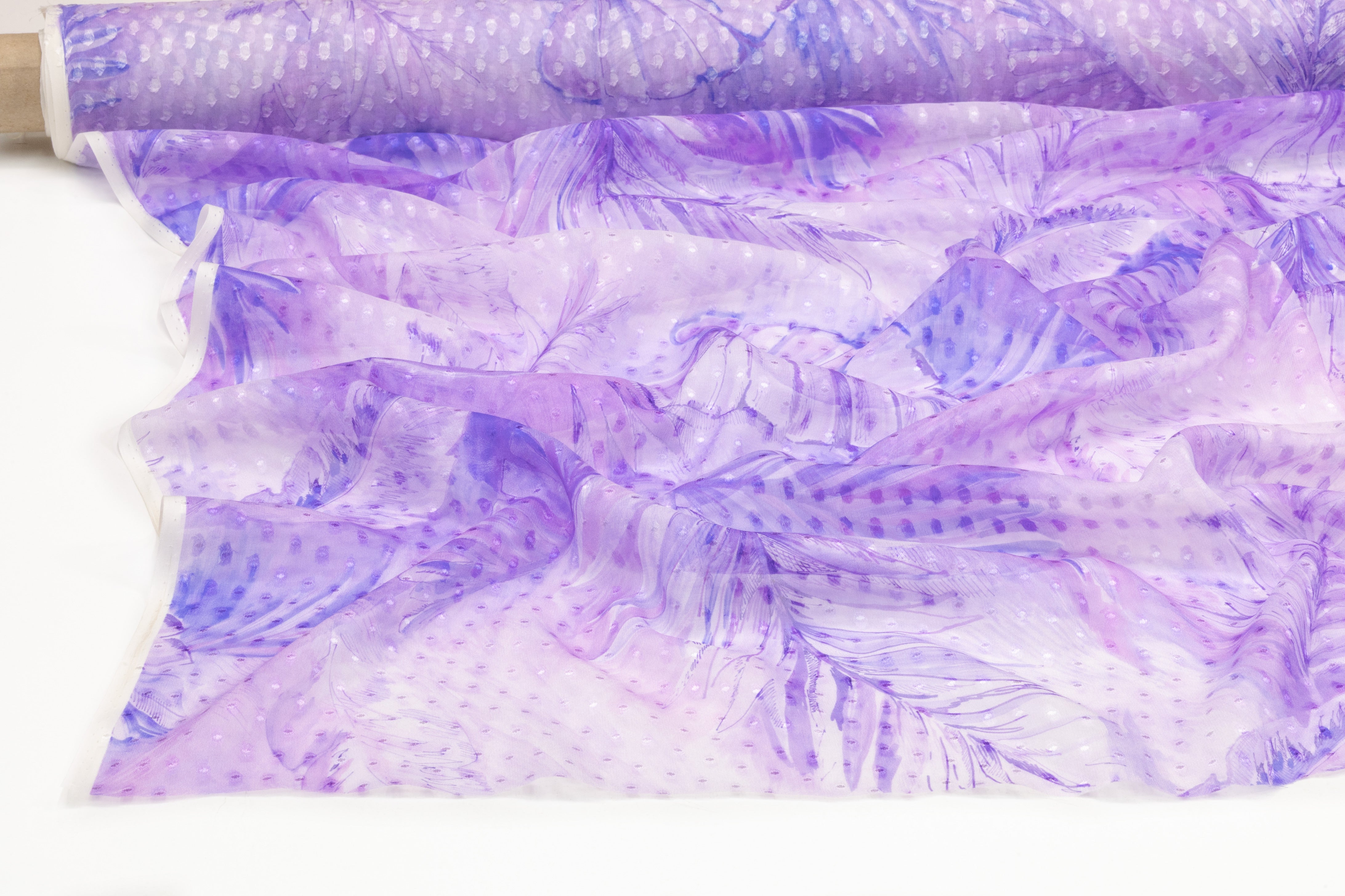 Leaf Print Italian Silk Chiffon Fil Coupé - Purple