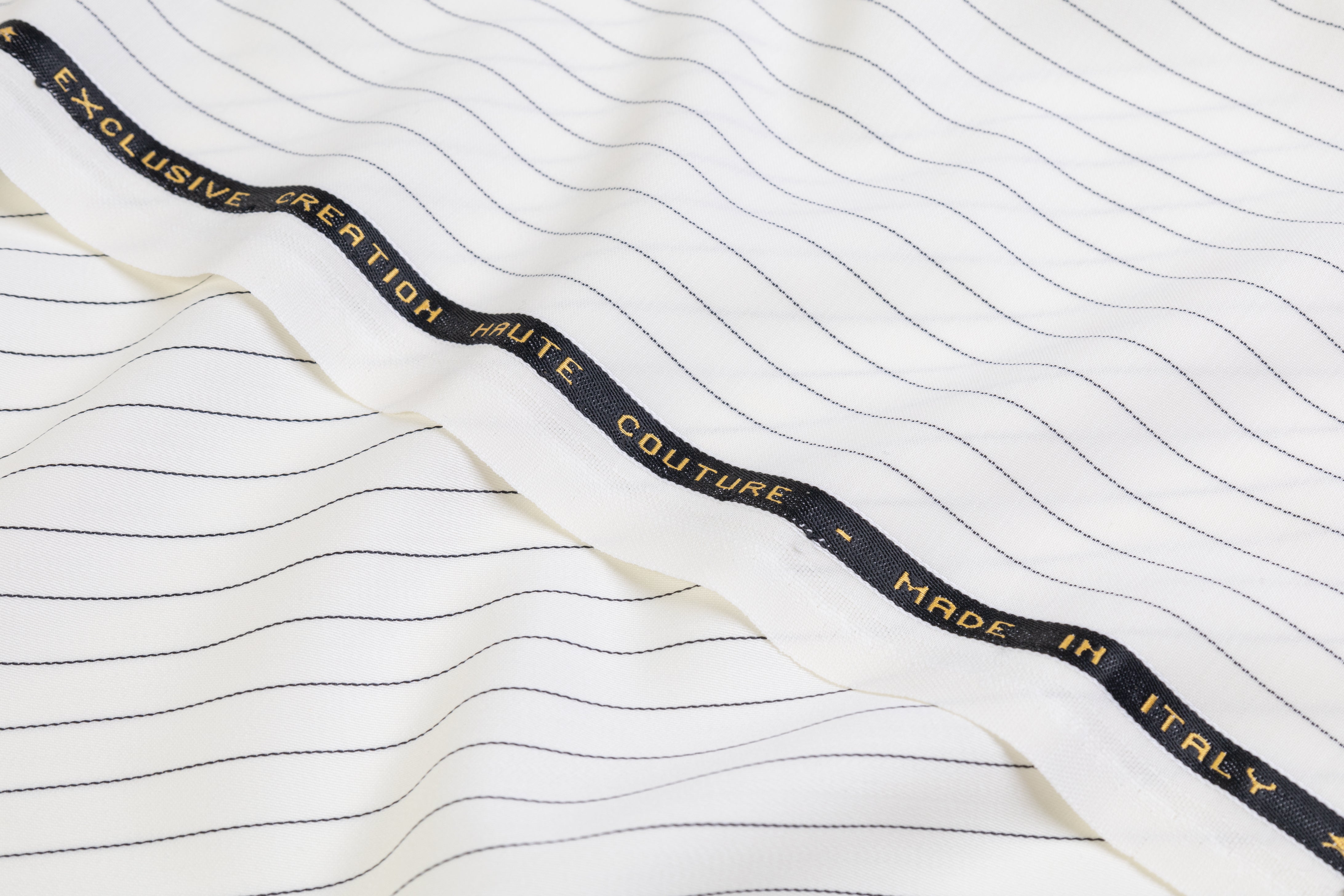 Pin Striped Italian Satin Faille Wool Suiting - Off White / Black