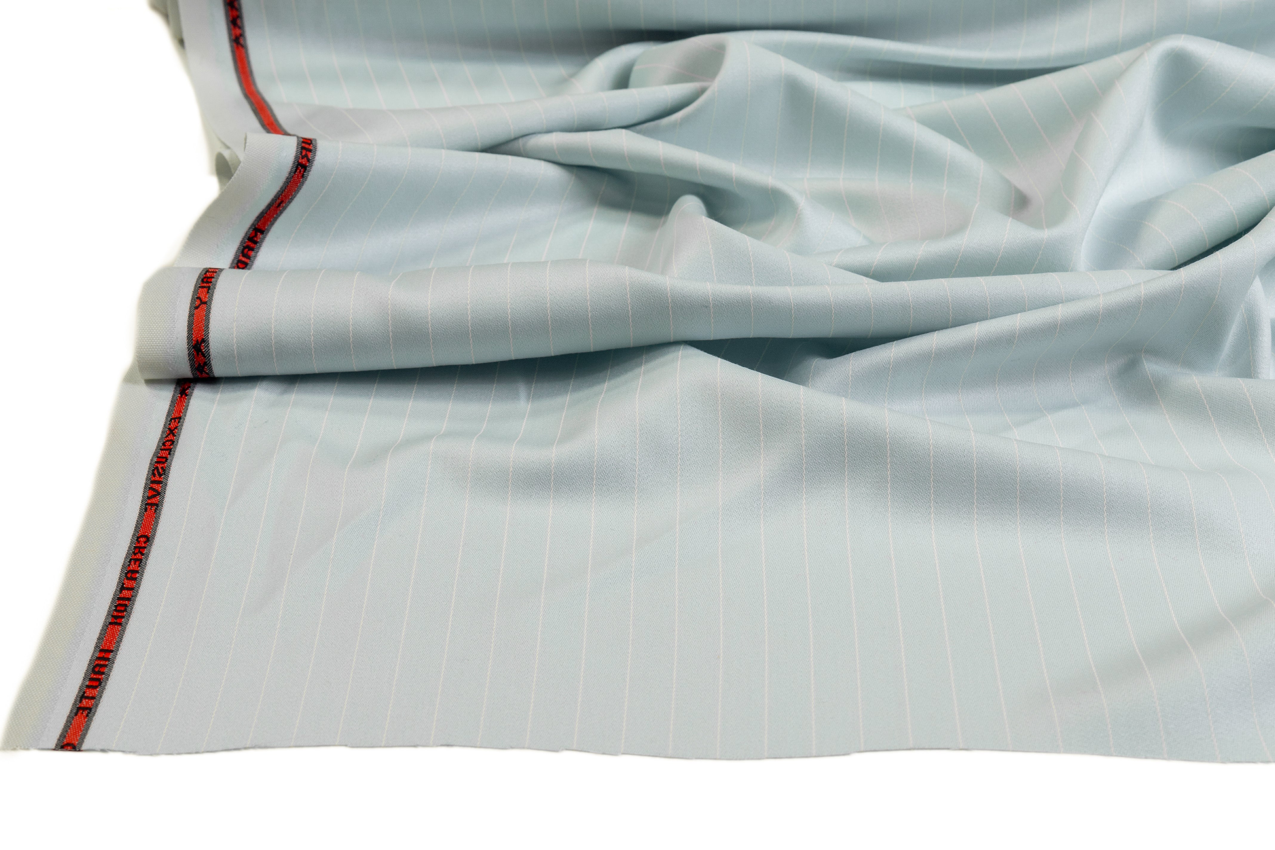 Pin Striped Italian Satin Faille Wool Suiting - Icy Blue / White