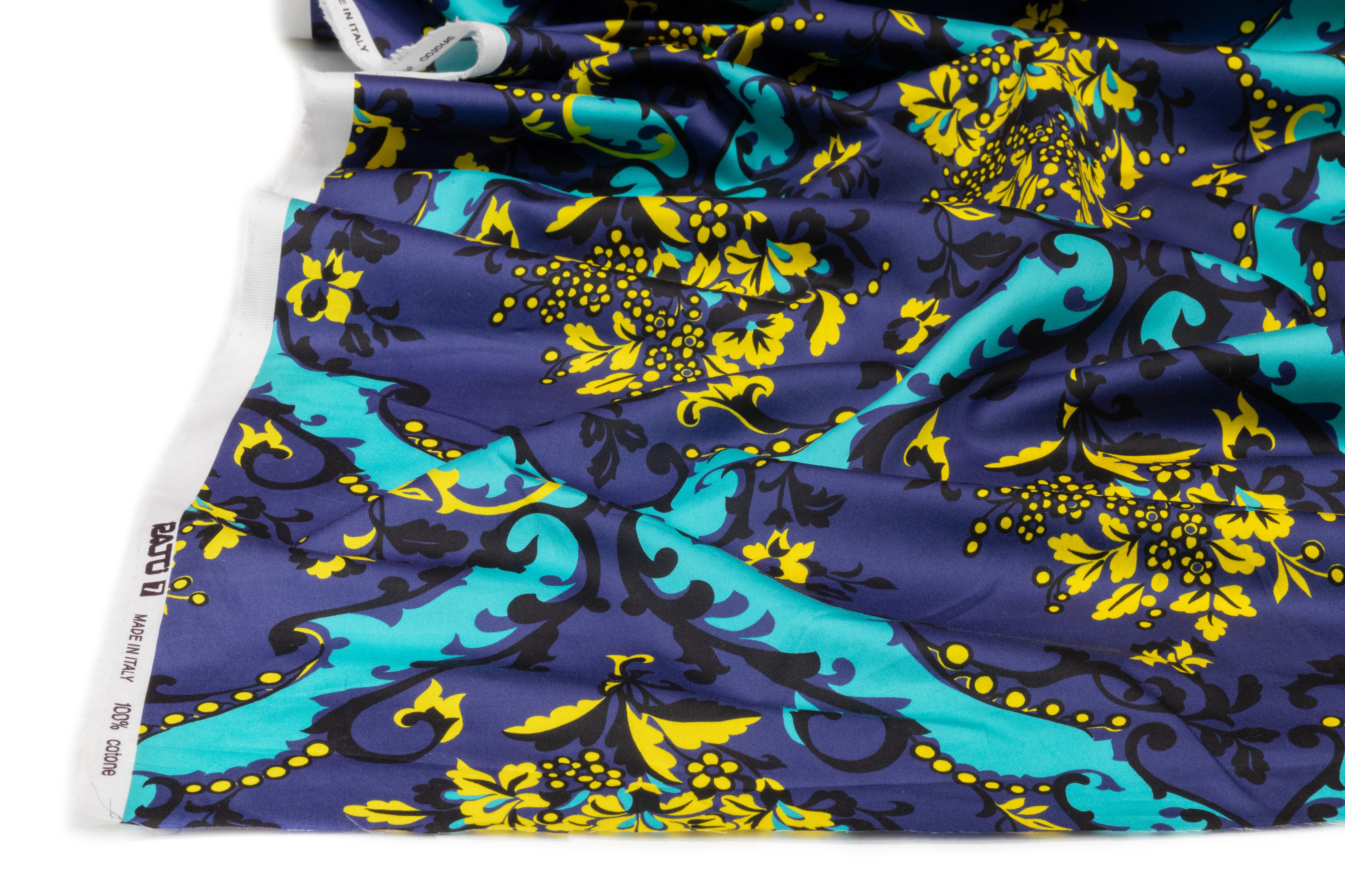 Ratti - Floral Damask Italian Cotton Sateen - Blue / Yellow / Turquoise