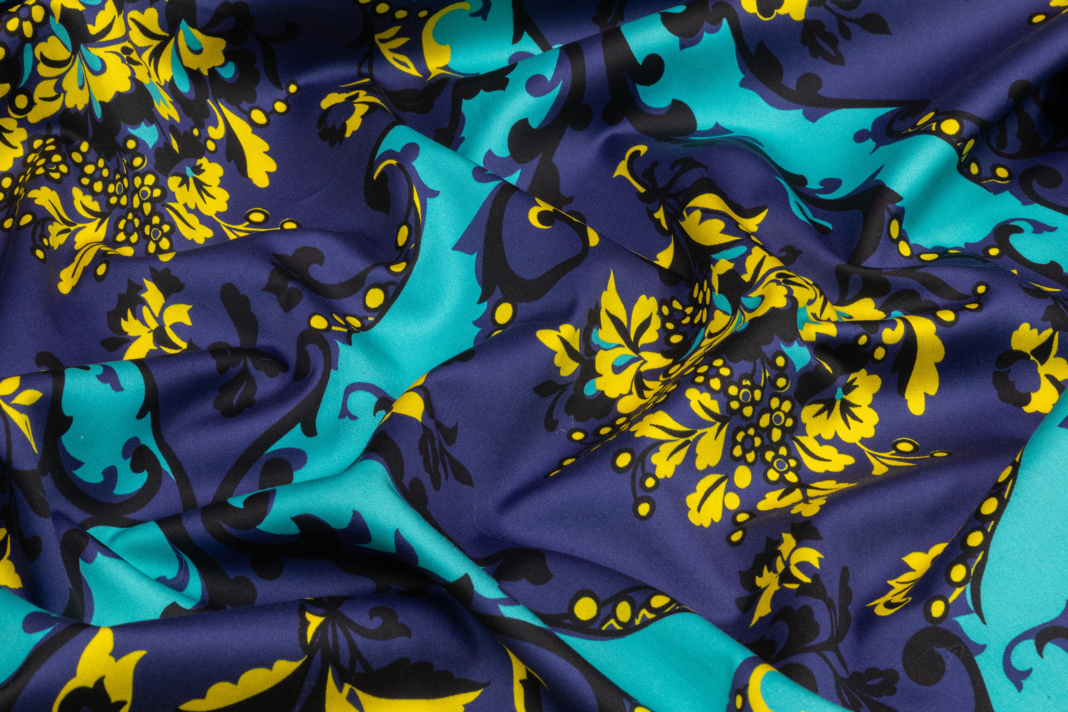 Ratti - Floral Damask Italian Cotton Sateen - Blue / Yellow / Turquoise