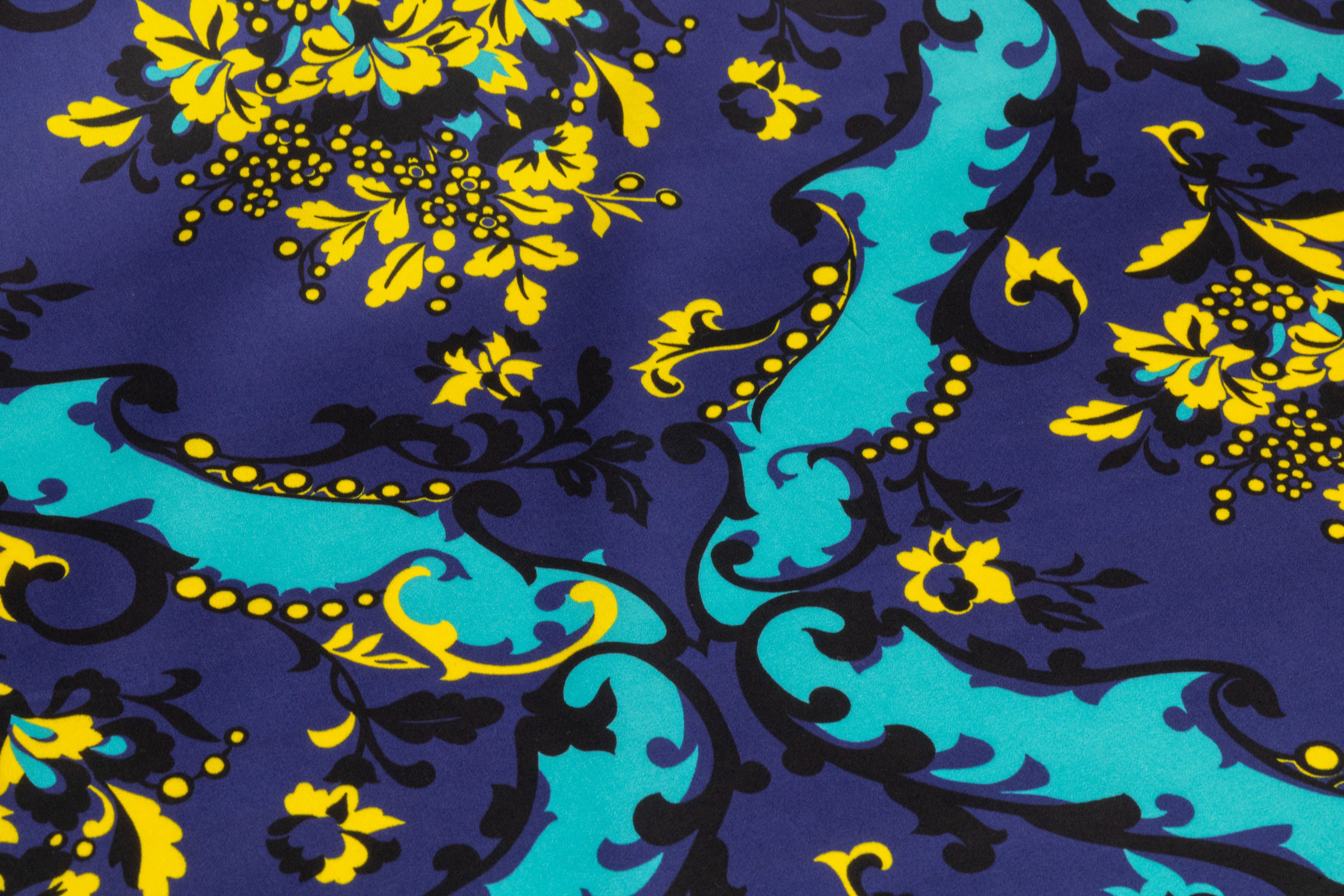 Ratti - Floral Damask Italian Cotton Sateen - Blue / Yellow / Turquoise