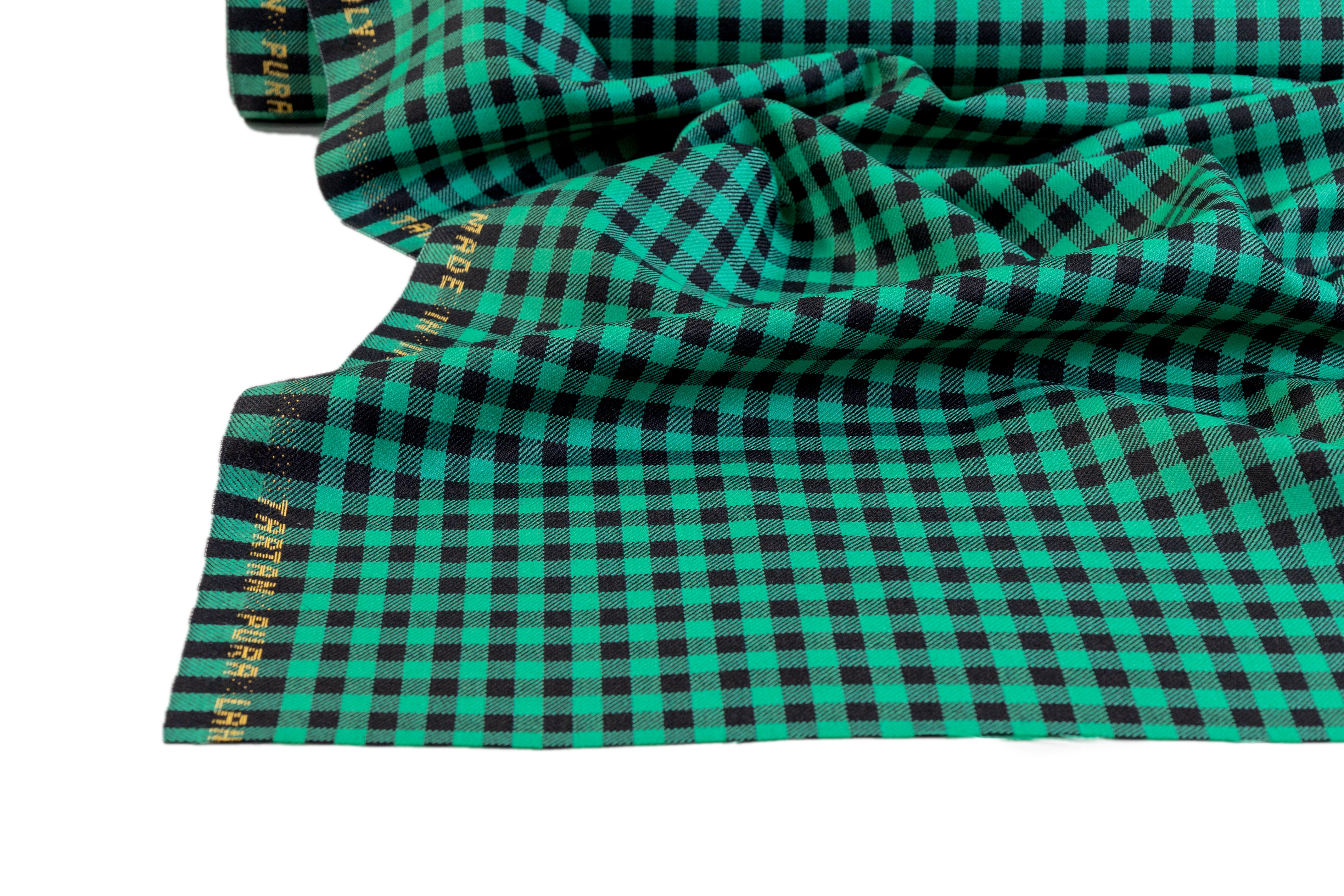 Gingham Checked Italian Wool Suiting - Jade Green / Black