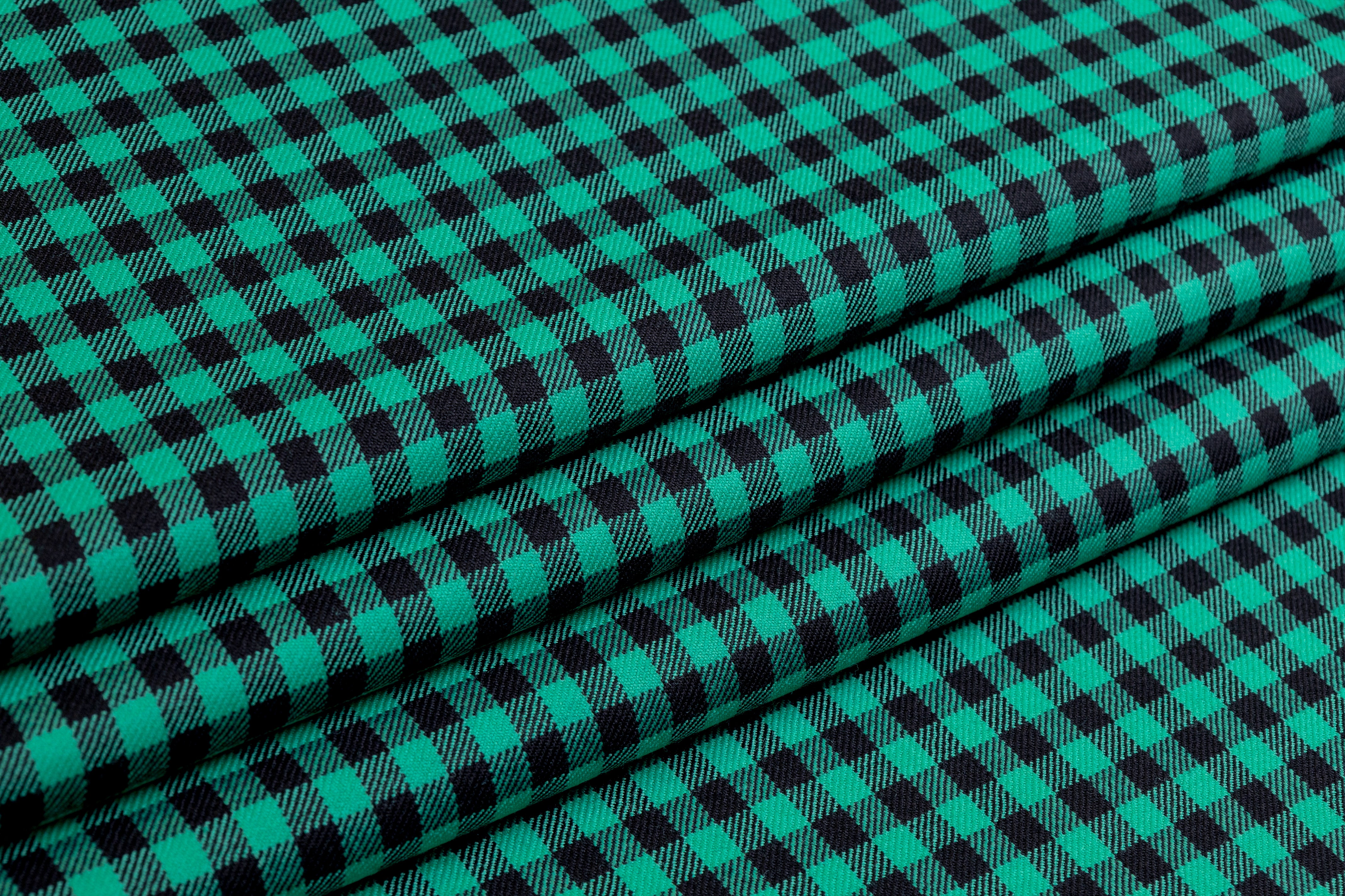 Gingham Checked Italian Wool Suiting - Jade Green / Black
