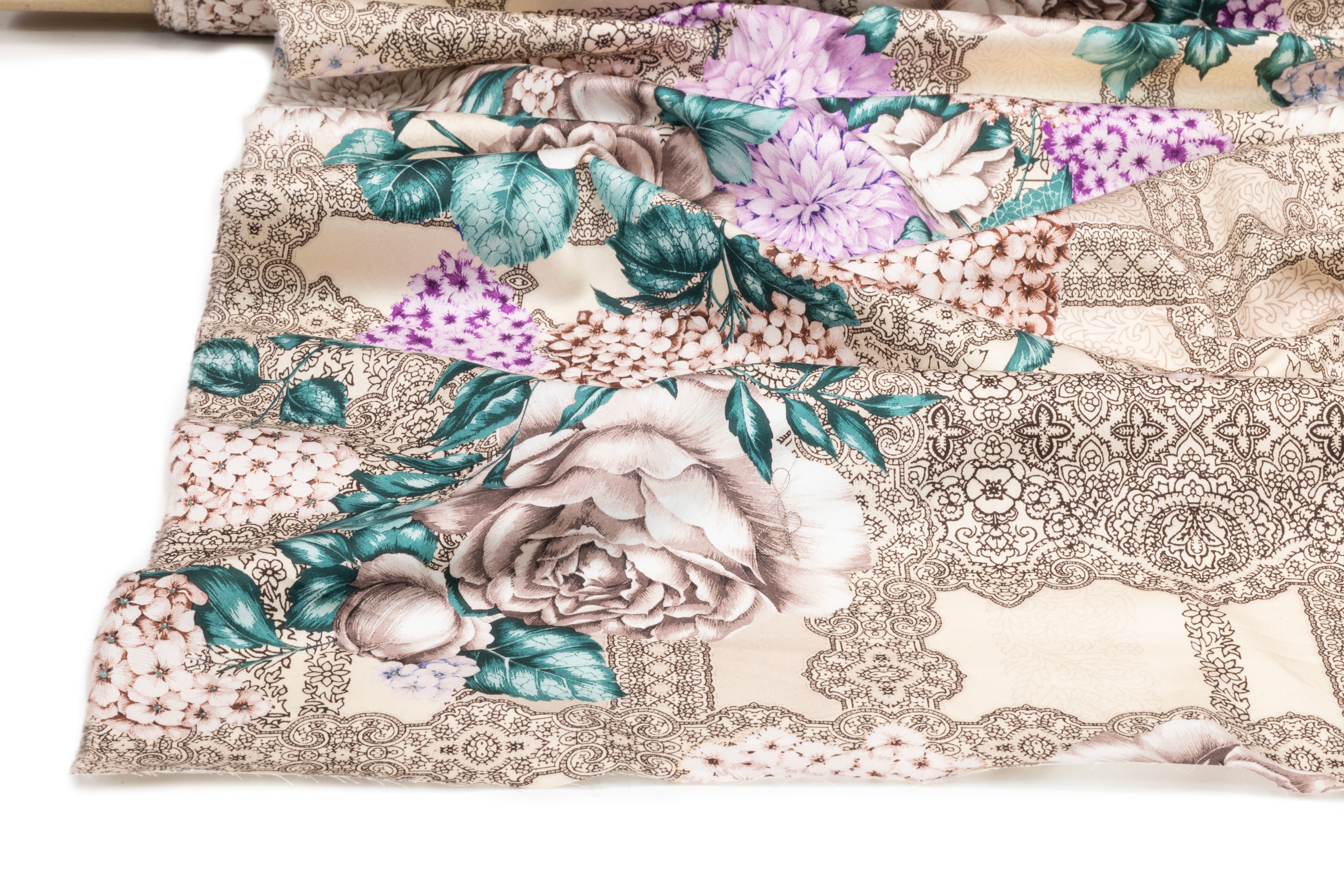 Ratti - Floral Italian Cotton Sateen - Beige / Teal / Violet