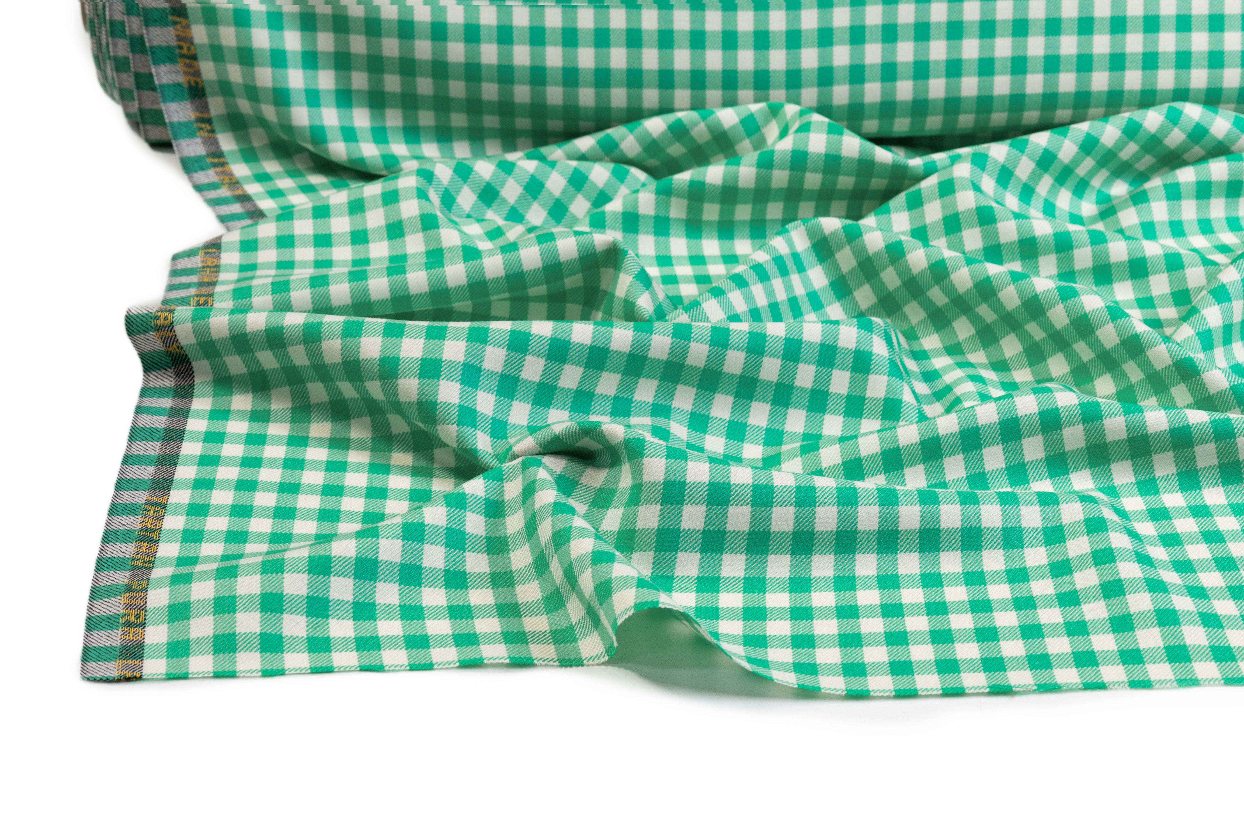 Gingham Checked Italian Wool Suiting - Jade Green / Off White