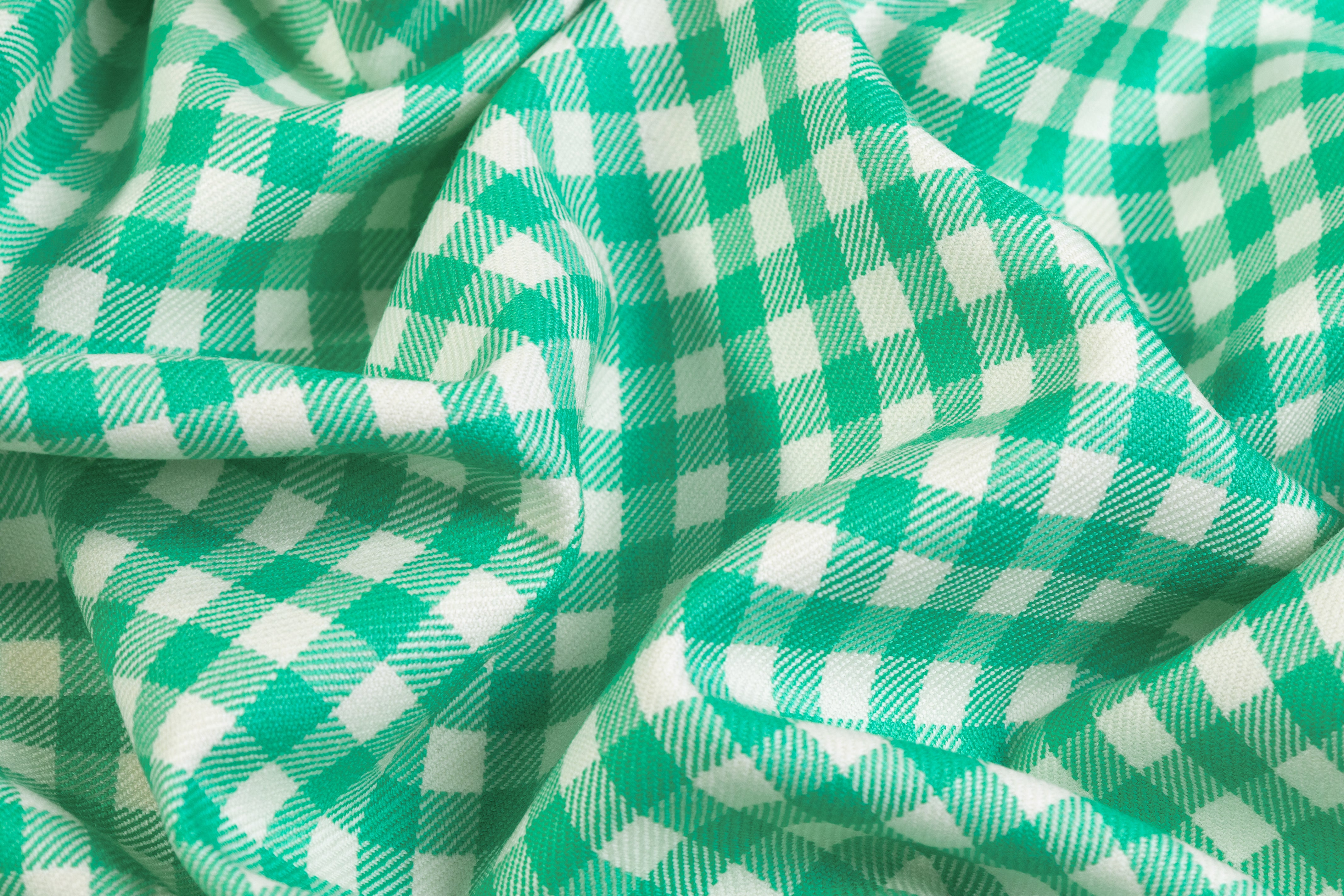 Gingham Checked Italian Wool Suiting - Jade Green / Off White