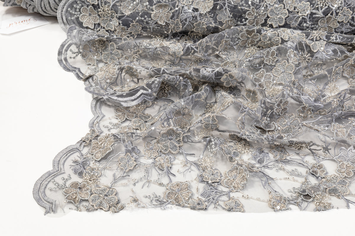 Floral Beaded and Embroidered Tulle - Gray