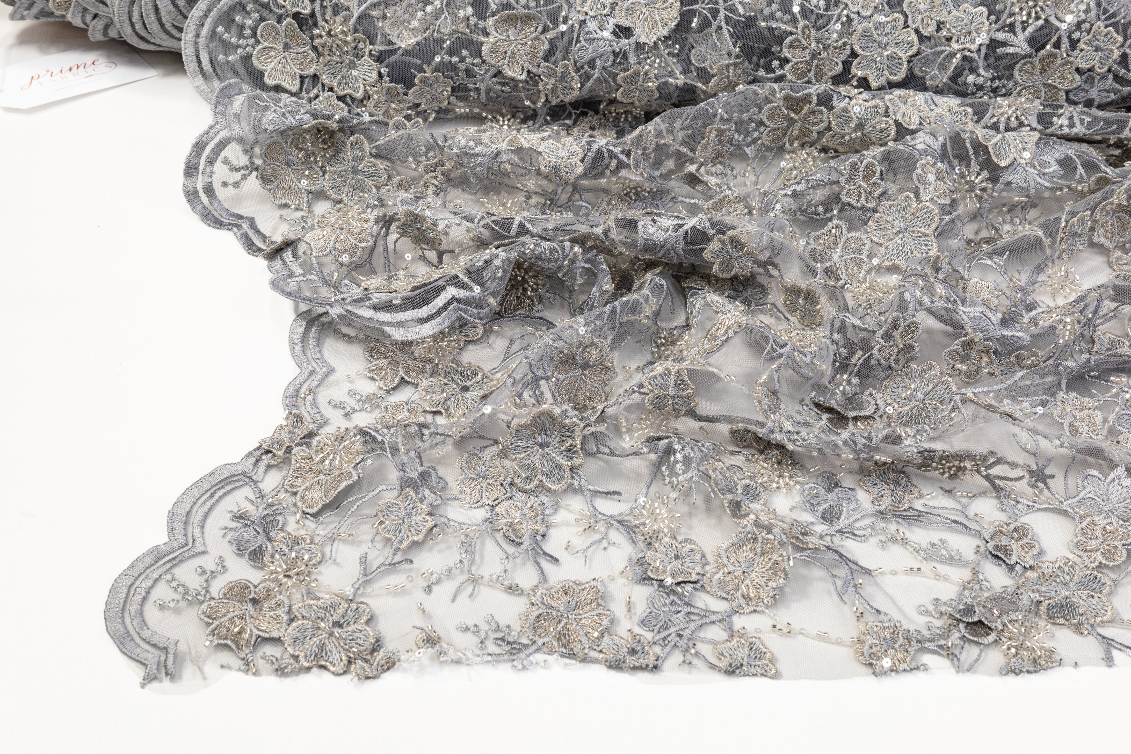 Floral Beaded and Embroidered Tulle - Gray