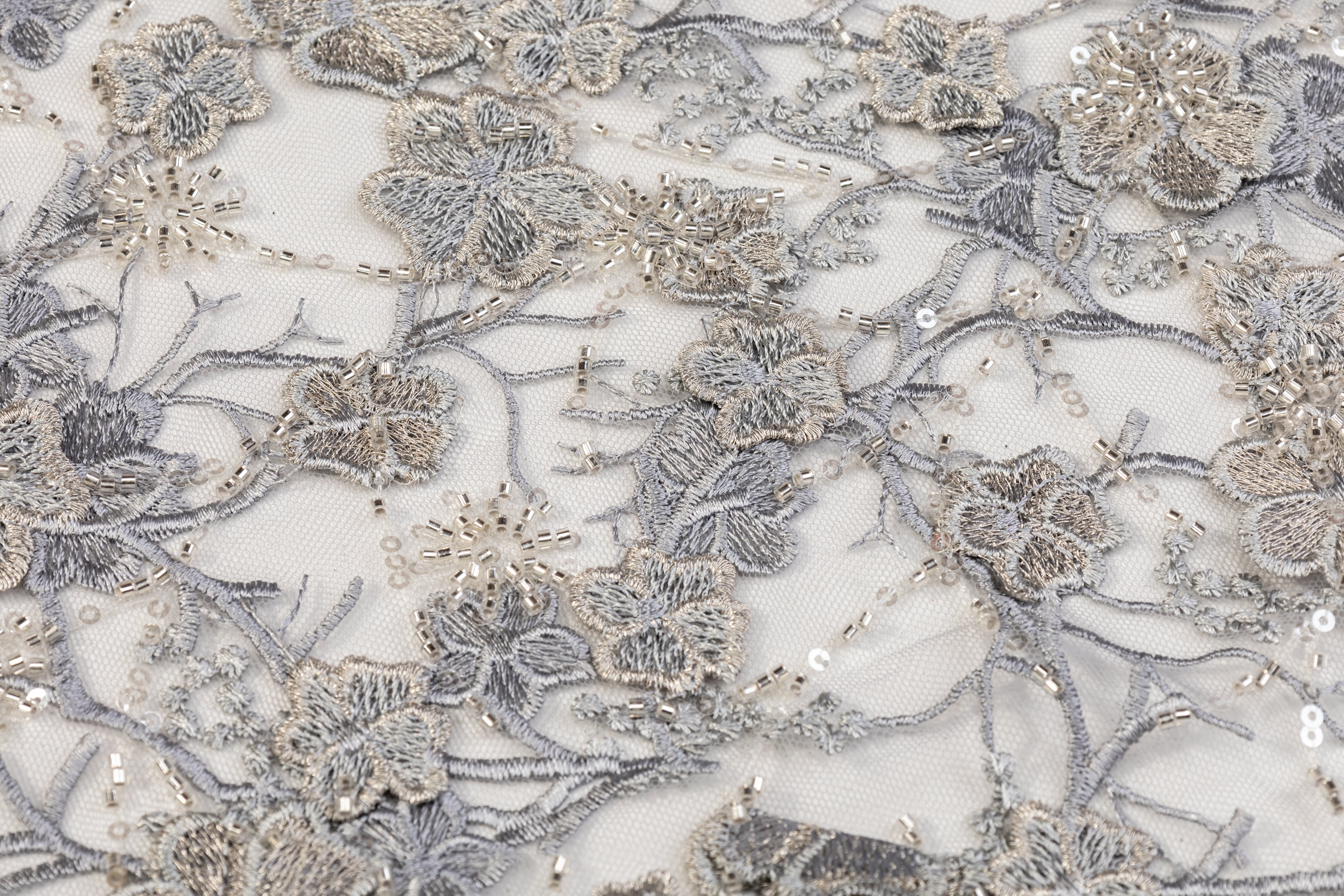 Floral Beaded and Embroidered Tulle - Gray