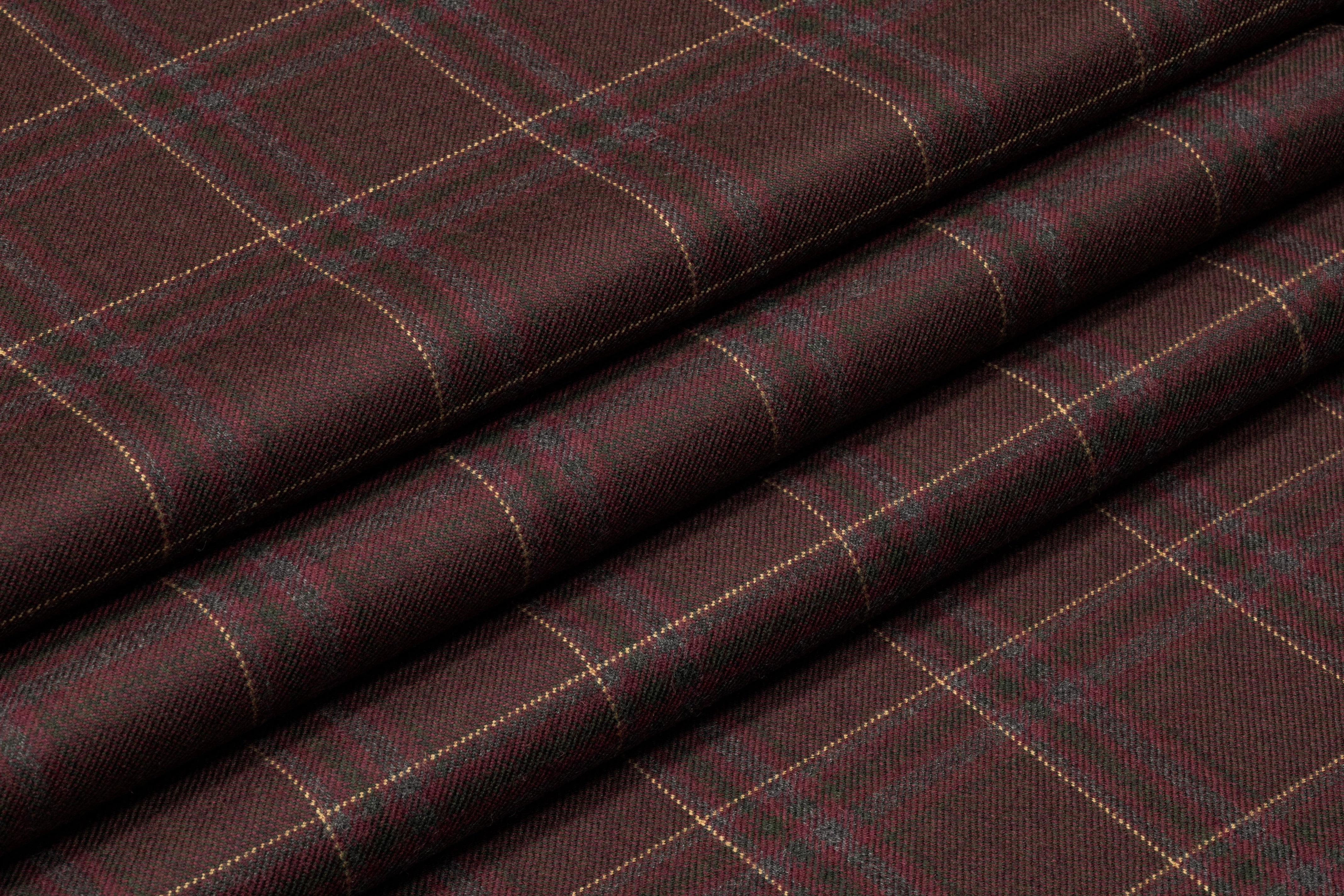 Plaid Italian Wool Suiting - Burgundy / Green / Taupe