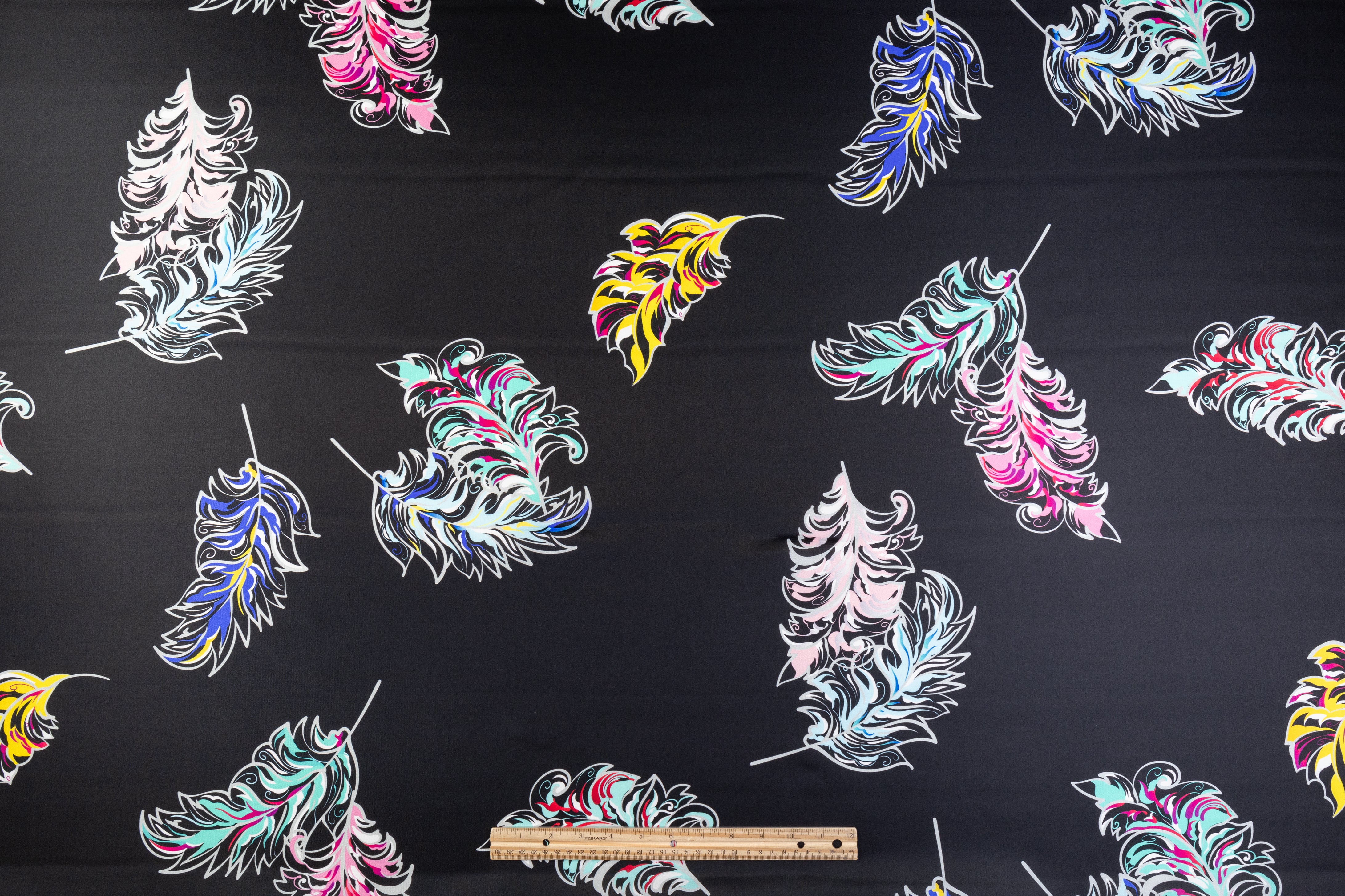 Feather Print Italian Satin Face Silk Gazar - Black / Multicolor