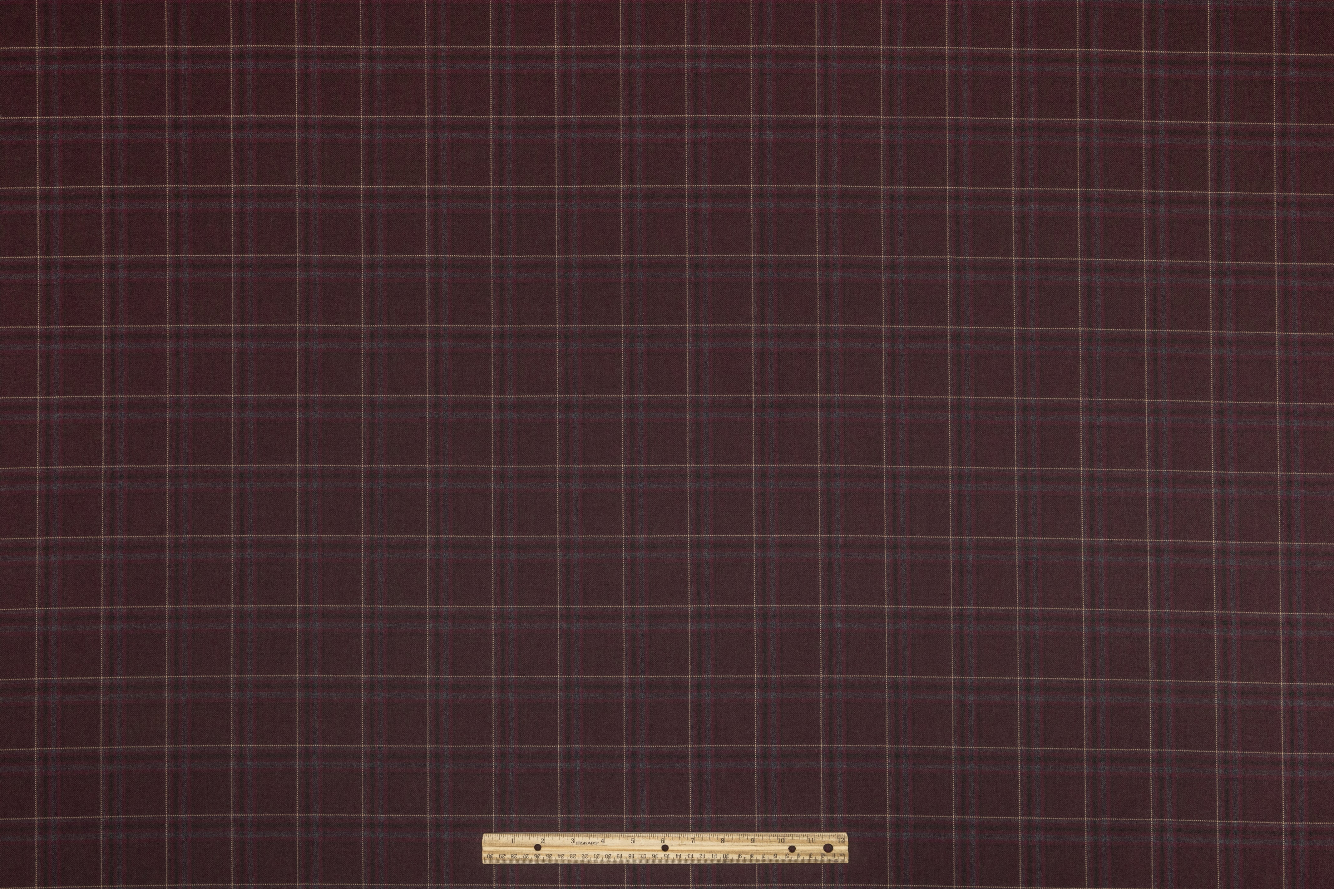 Plaid Italian Wool Suiting - Burgundy / Green / Taupe