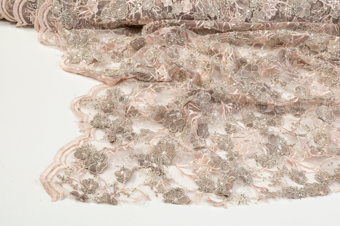 Floral Beaded and Embroidered Tulle - Pink / Taupe