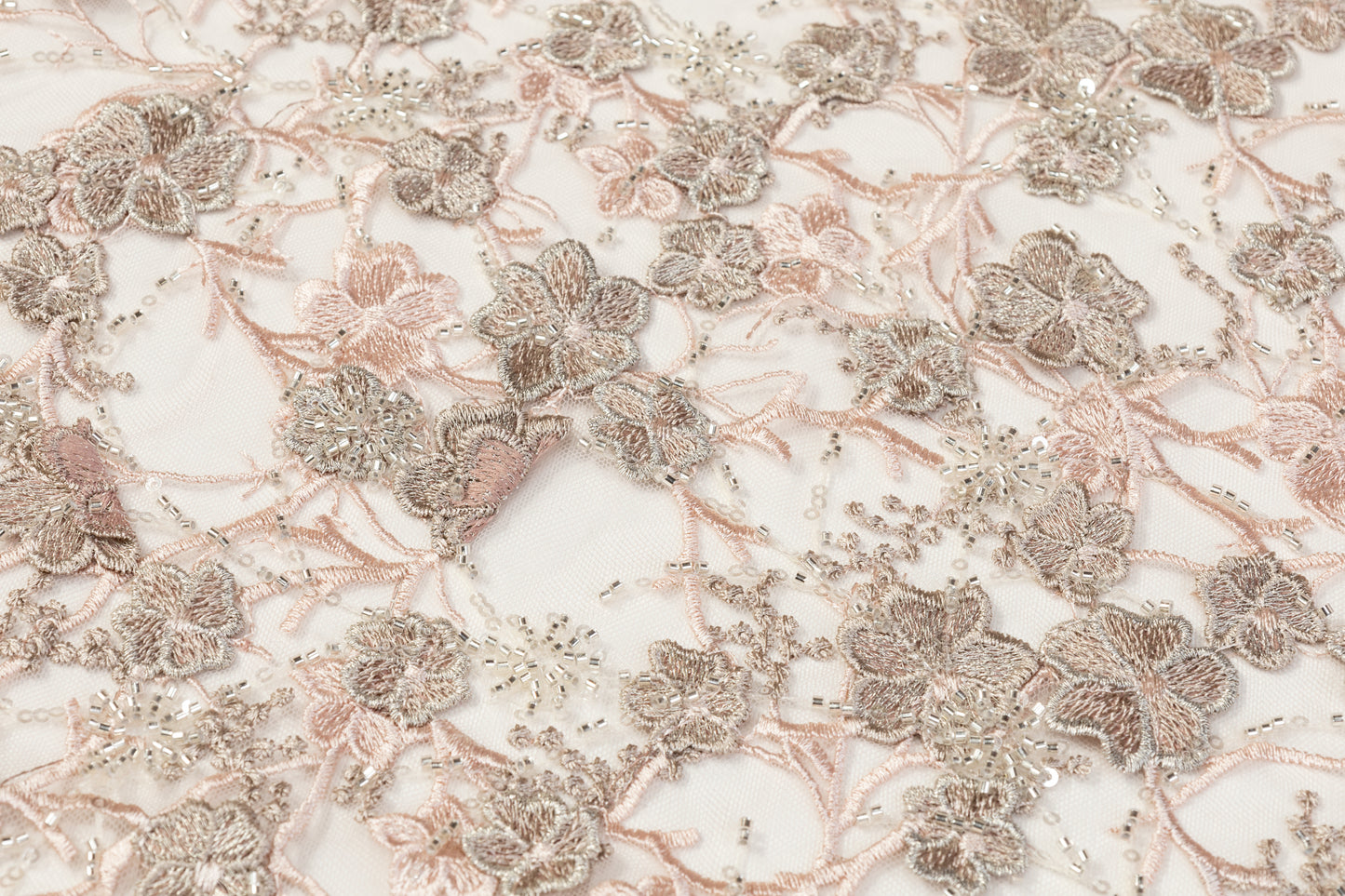 Floral Beaded and Embroidered Tulle - Pink / Taupe