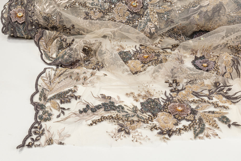 Patterned Tulle Floral Beaded and Embroidered Tulle - Beige / Multicolor