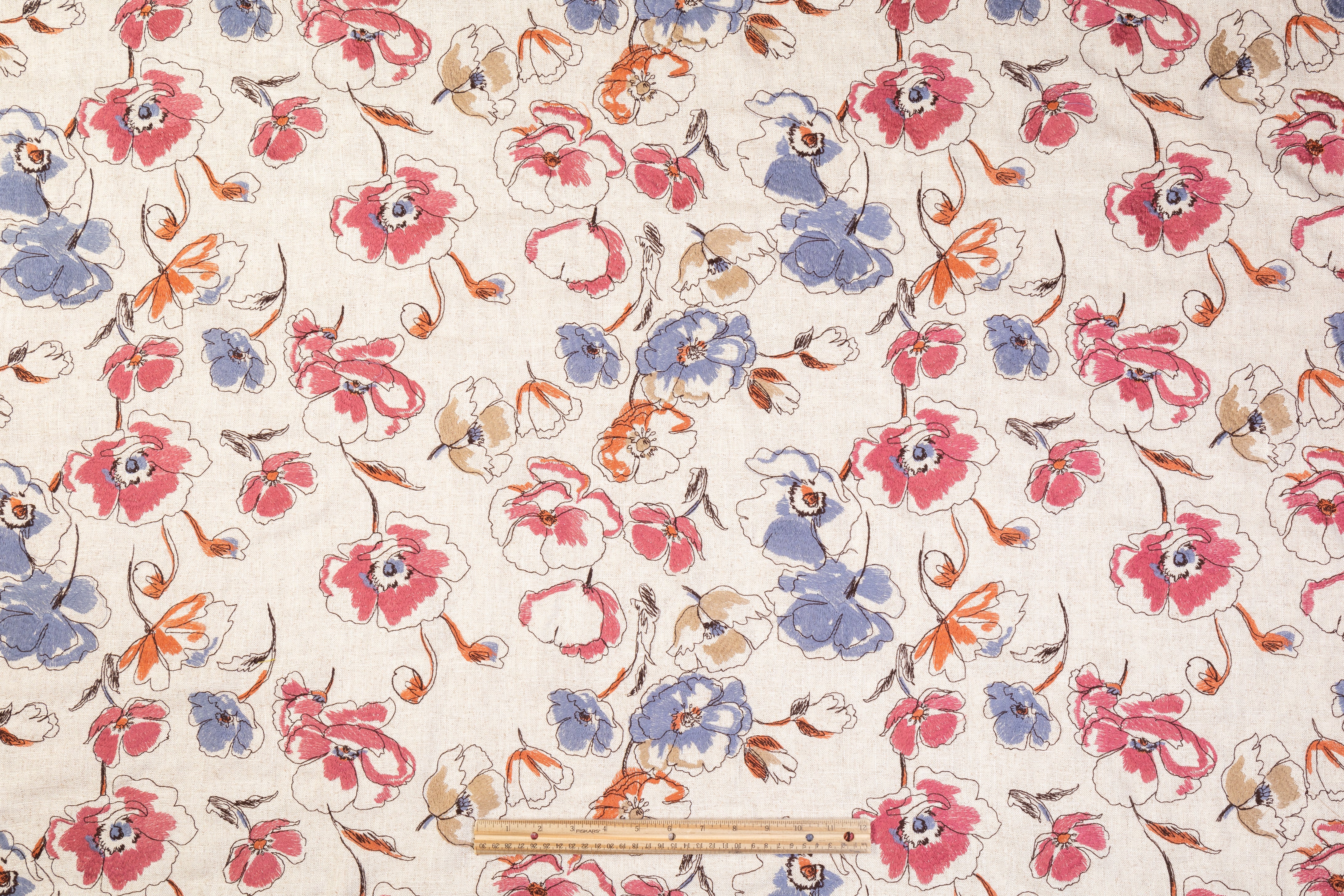 Floral Embroidered Italian Linen - Beige / Dusty Blue / Rose