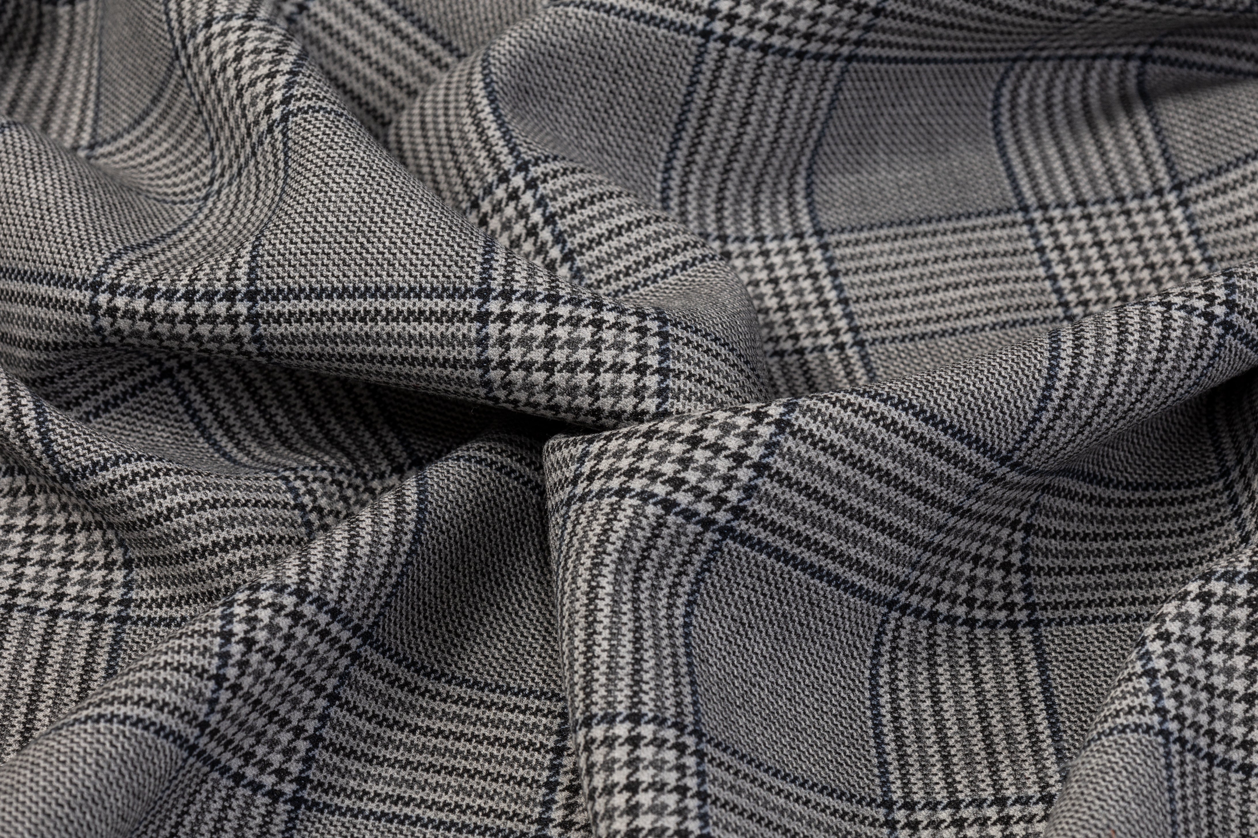 Poly Rayon Glen Check Printed Ponte - Gray / Blue