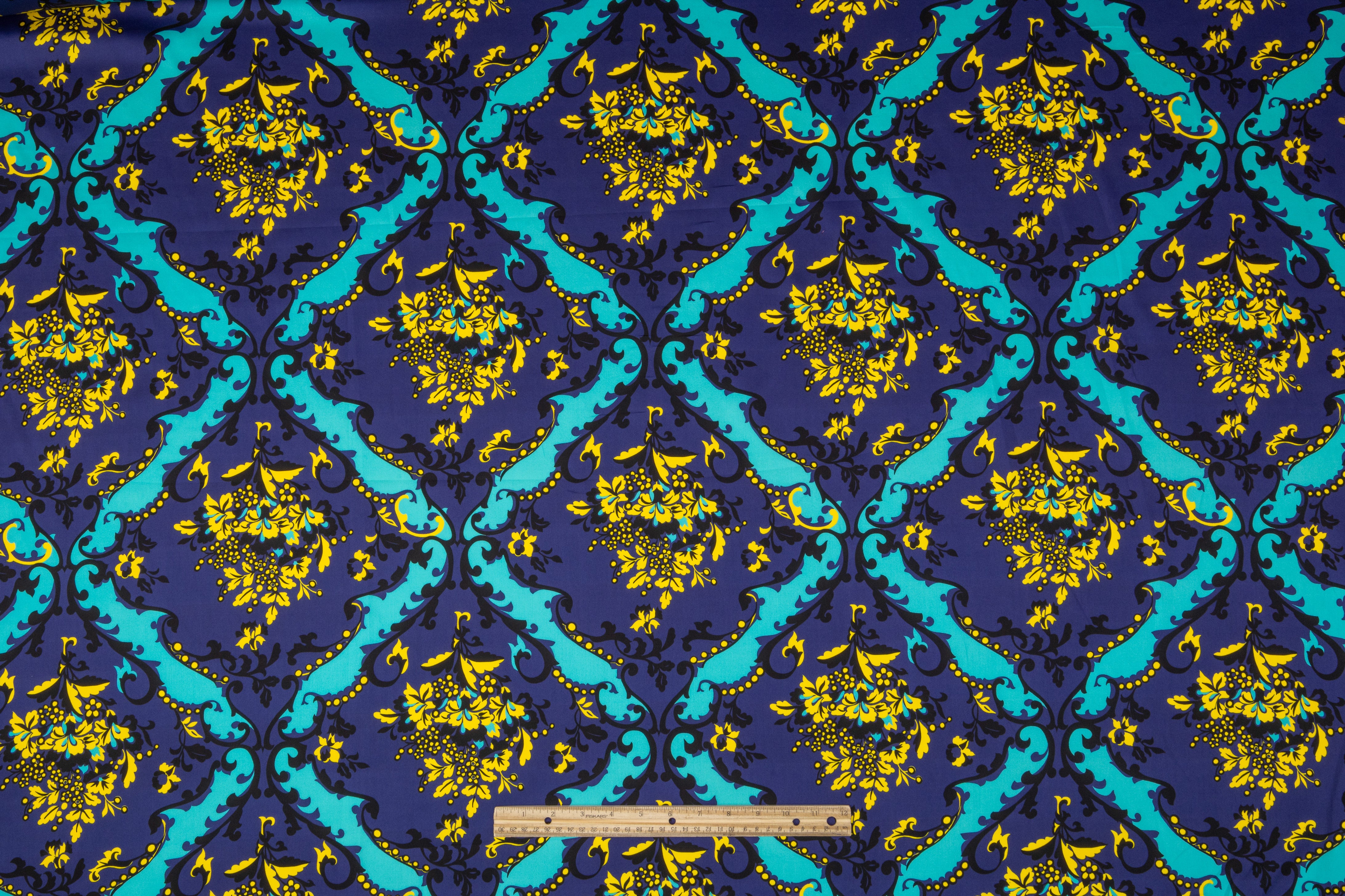 Ratti - Floral Damask Italian Cotton Sateen - Blue / Yellow / Turquoise