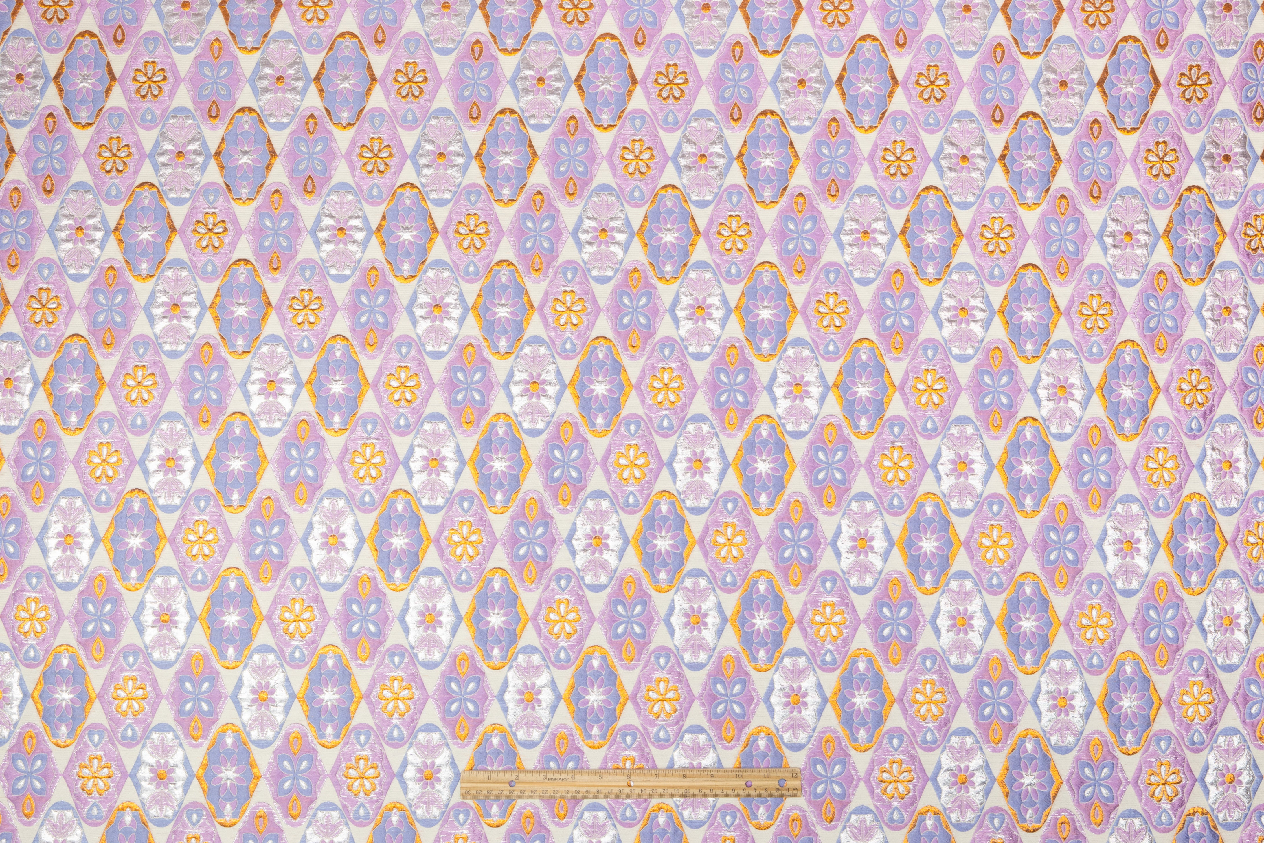 Floral Medallion Silk Blend Brocade - Lavender / Gold / Powder Blue