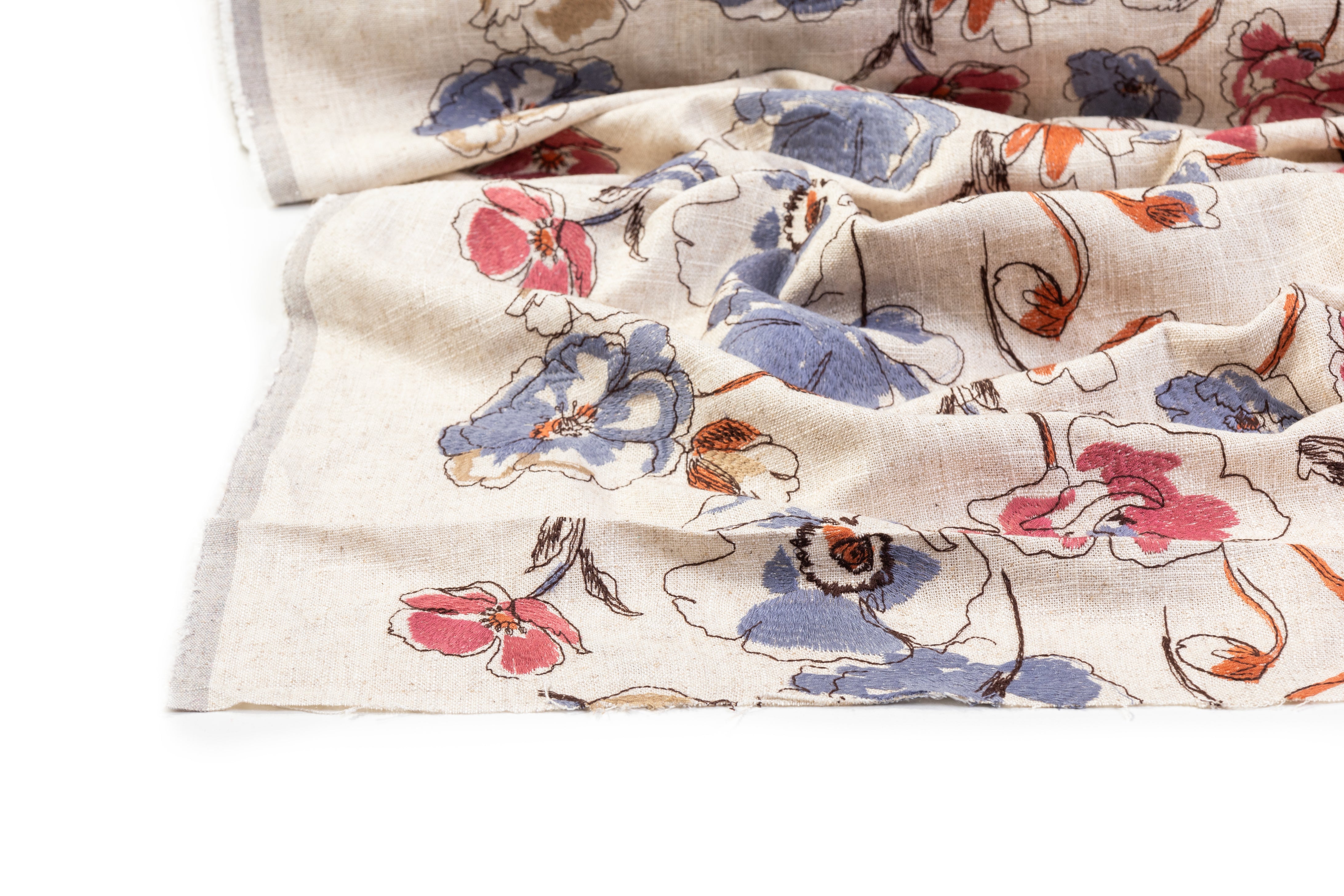 Floral Embroidered Italian Linen - Beige / Dusty Blue / Rose