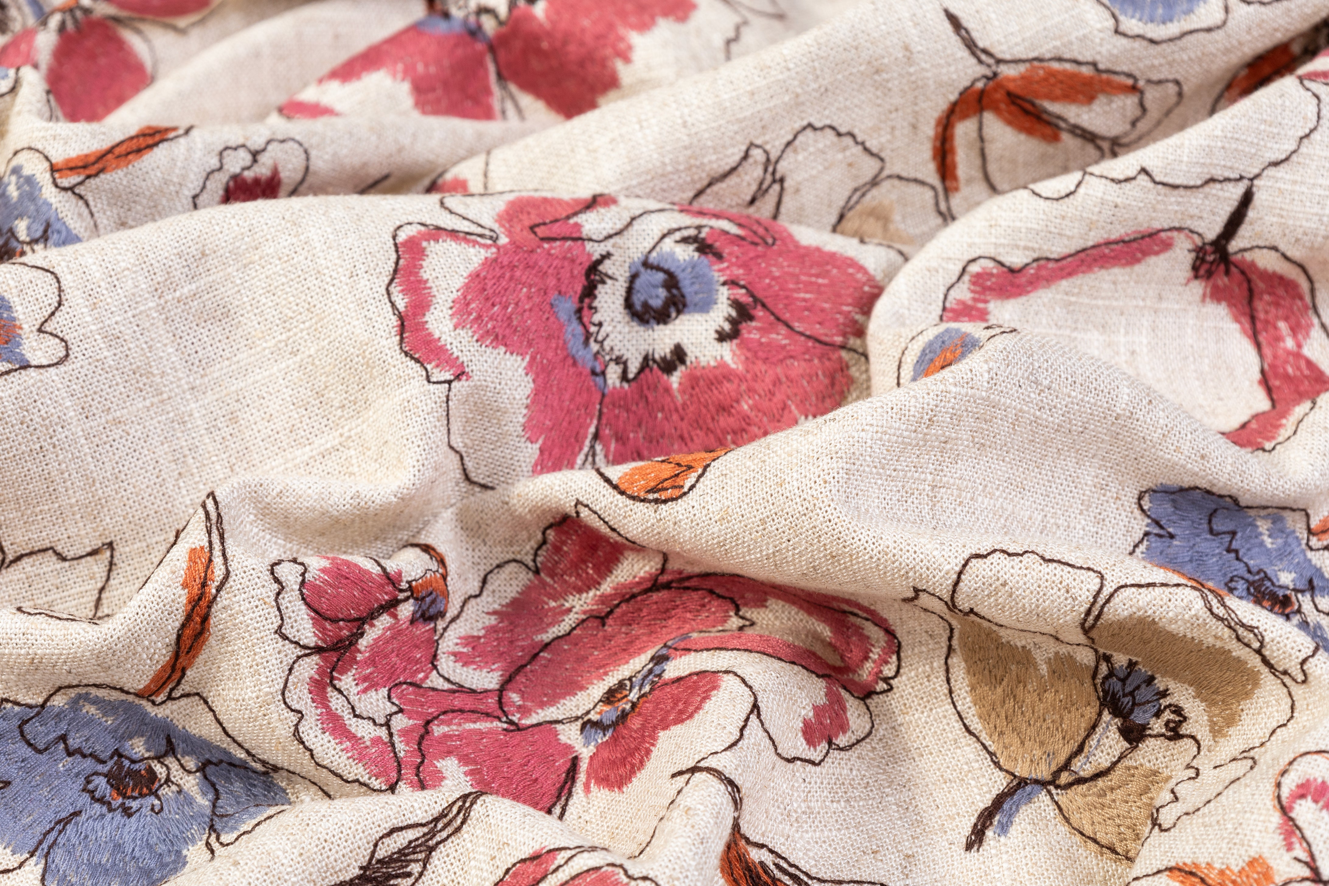 Floral Embroidered Italian Linen - Beige / Dusty Blue / Rose