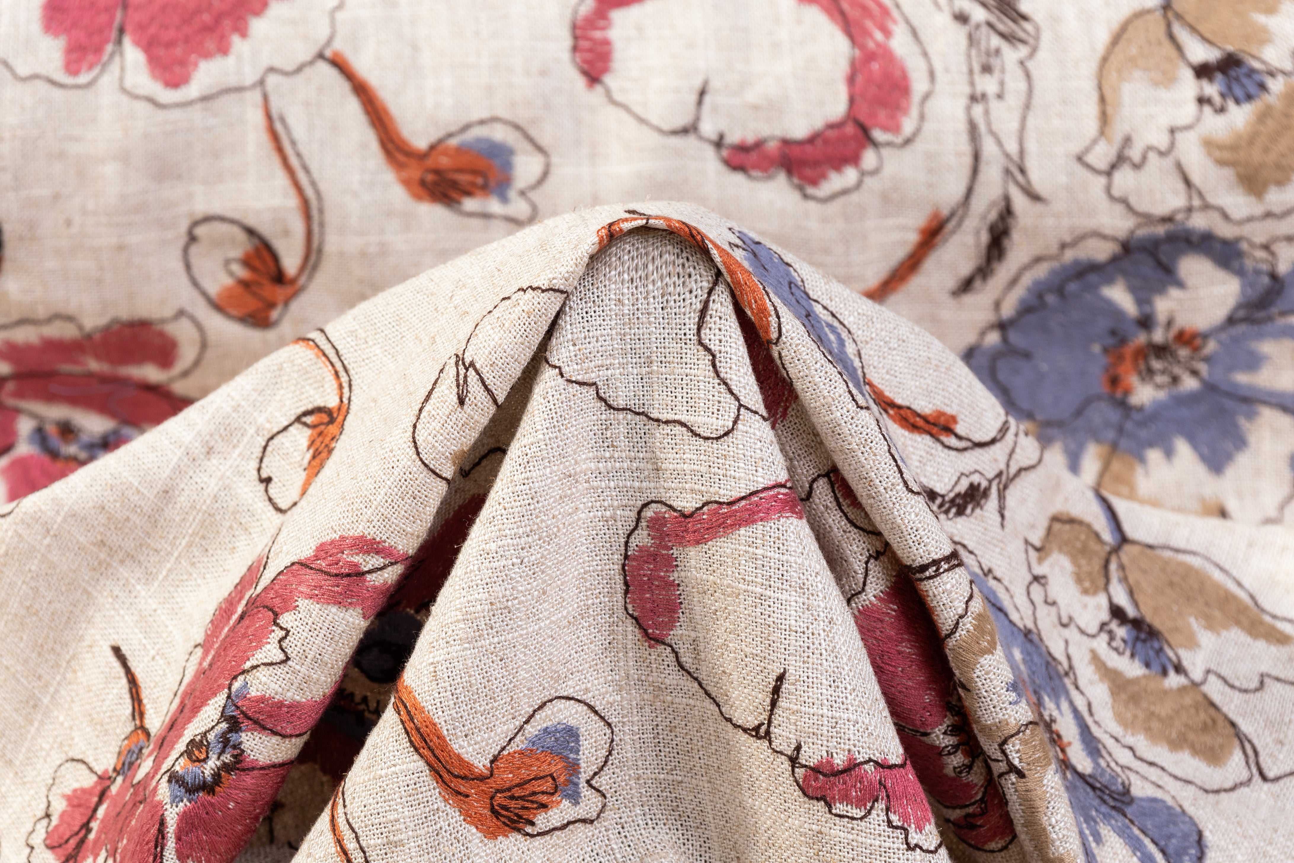 Floral Embroidered Italian Linen - Beige / Dusty Blue / Rose
