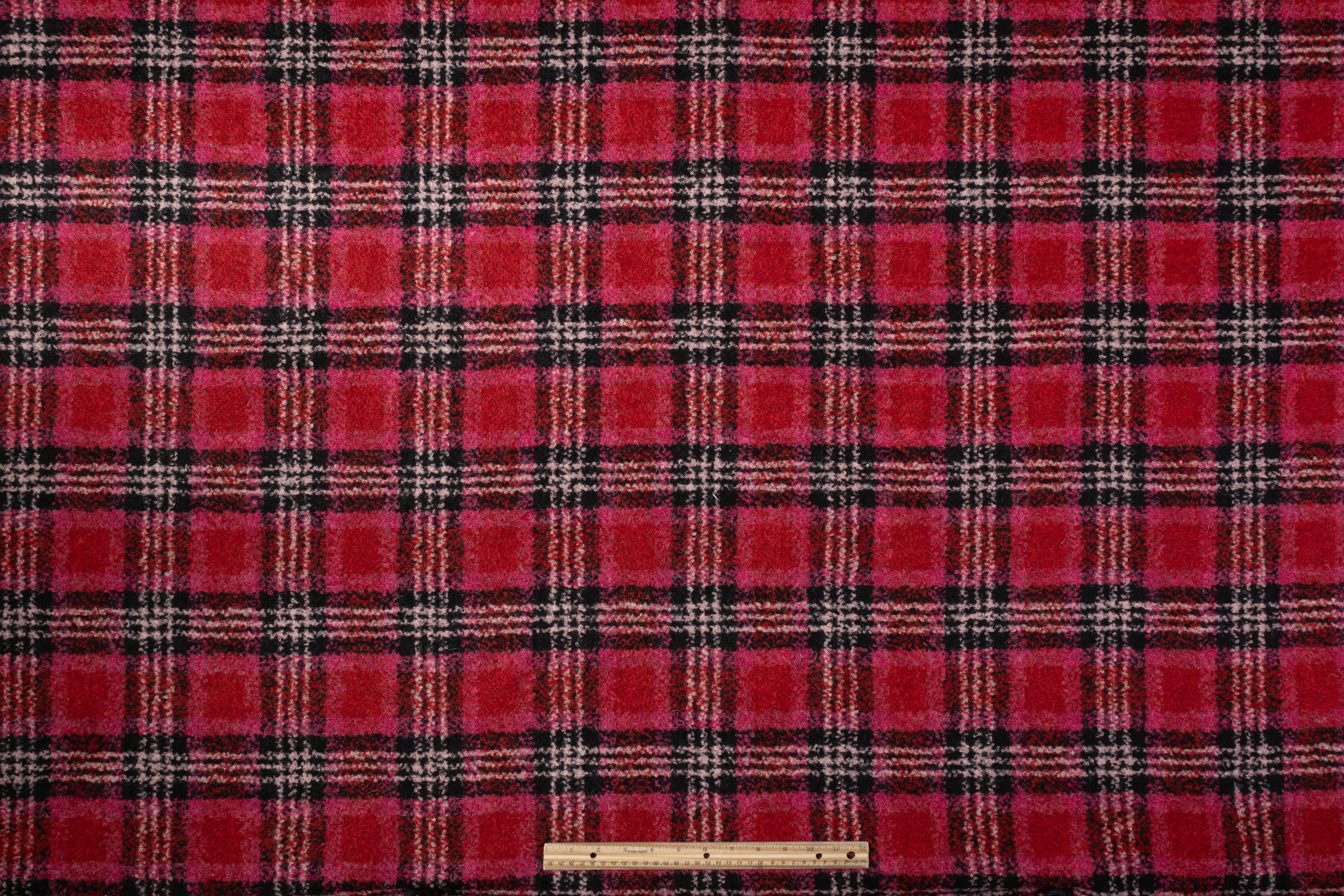 Checked Italian Wool Blend Boucle - Pink / Red / Black