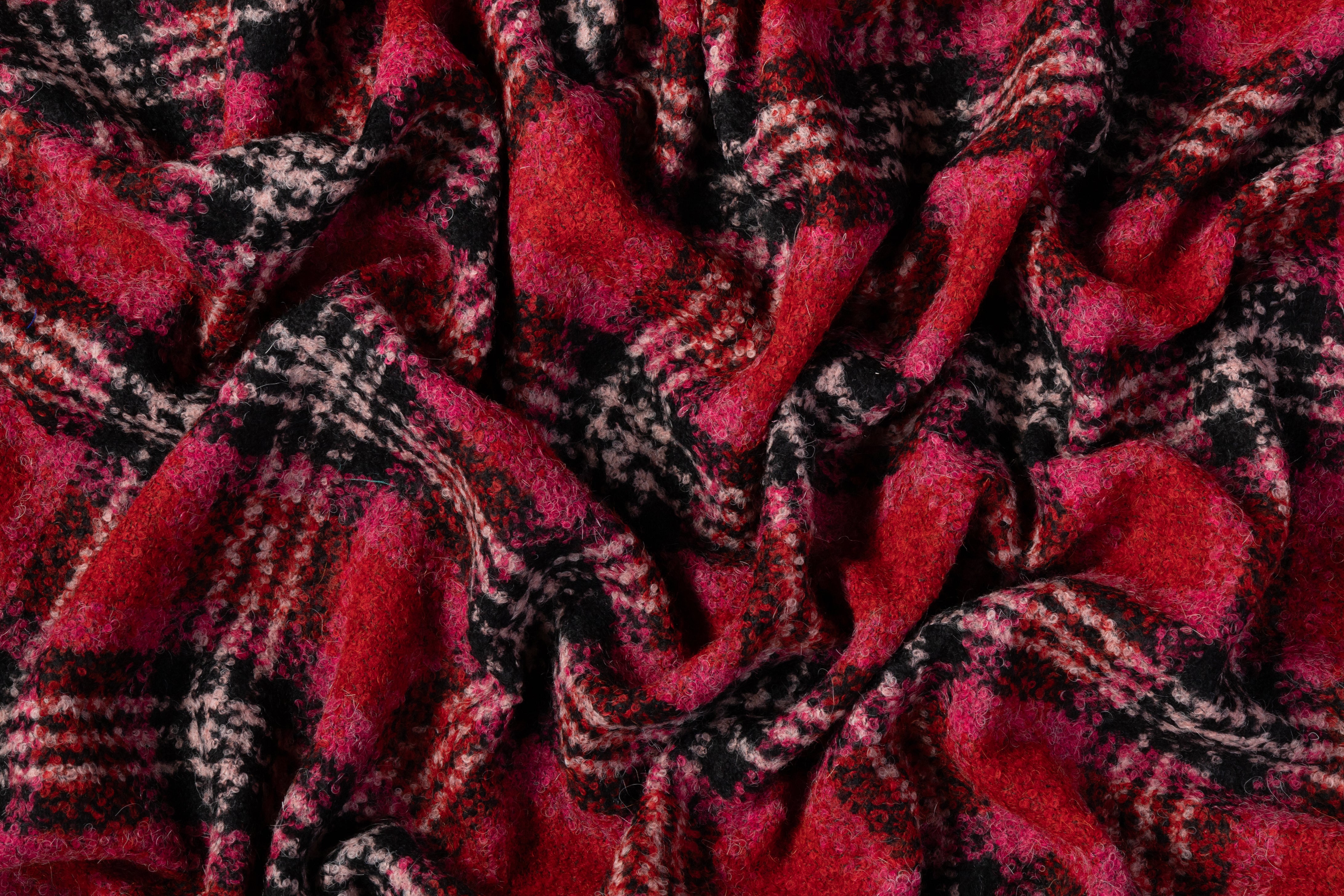 Checked Italian Wool Blend Boucle - Pink / Red / Black