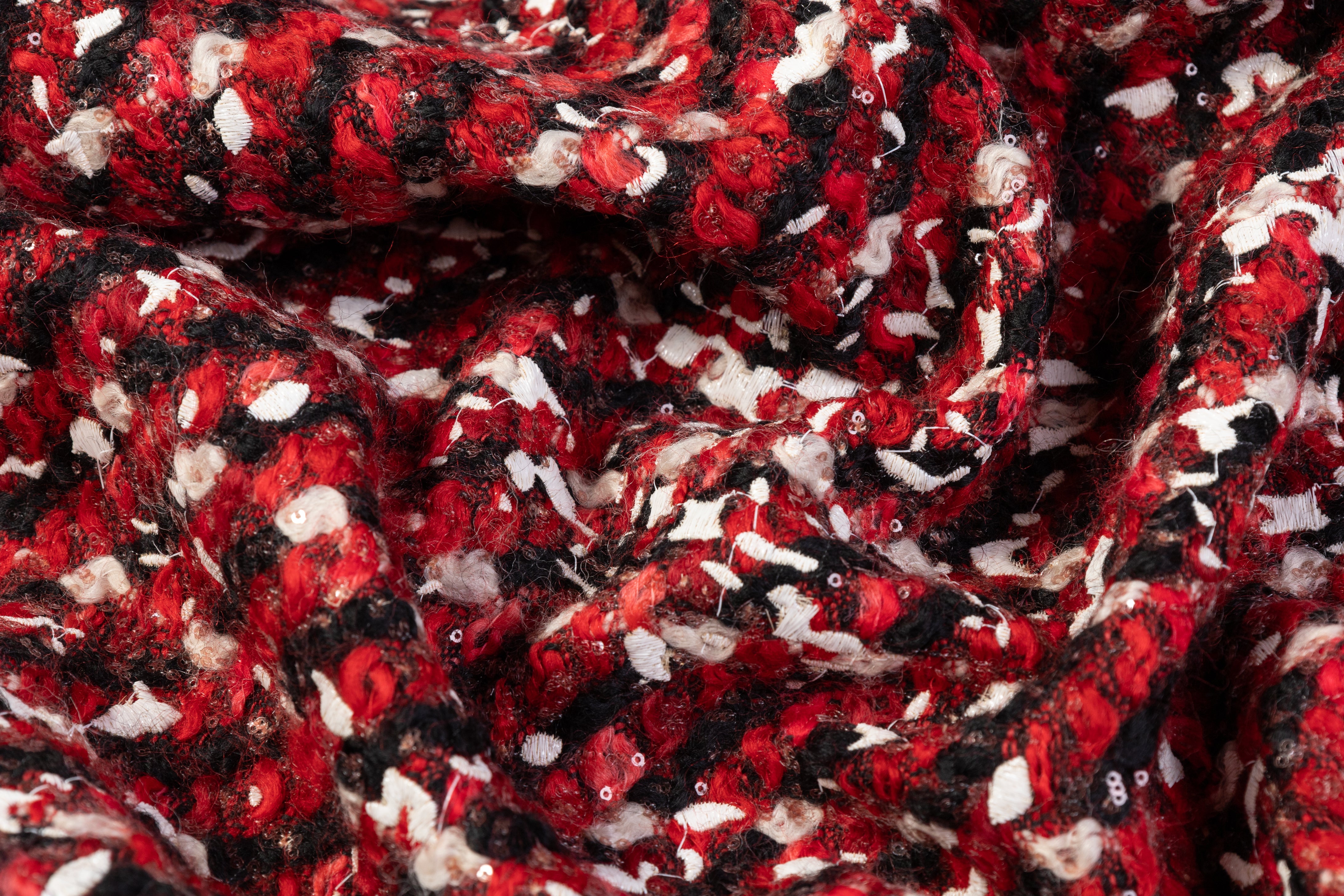 Sequined Italian Wool Blend Tweed - Red / Black / White