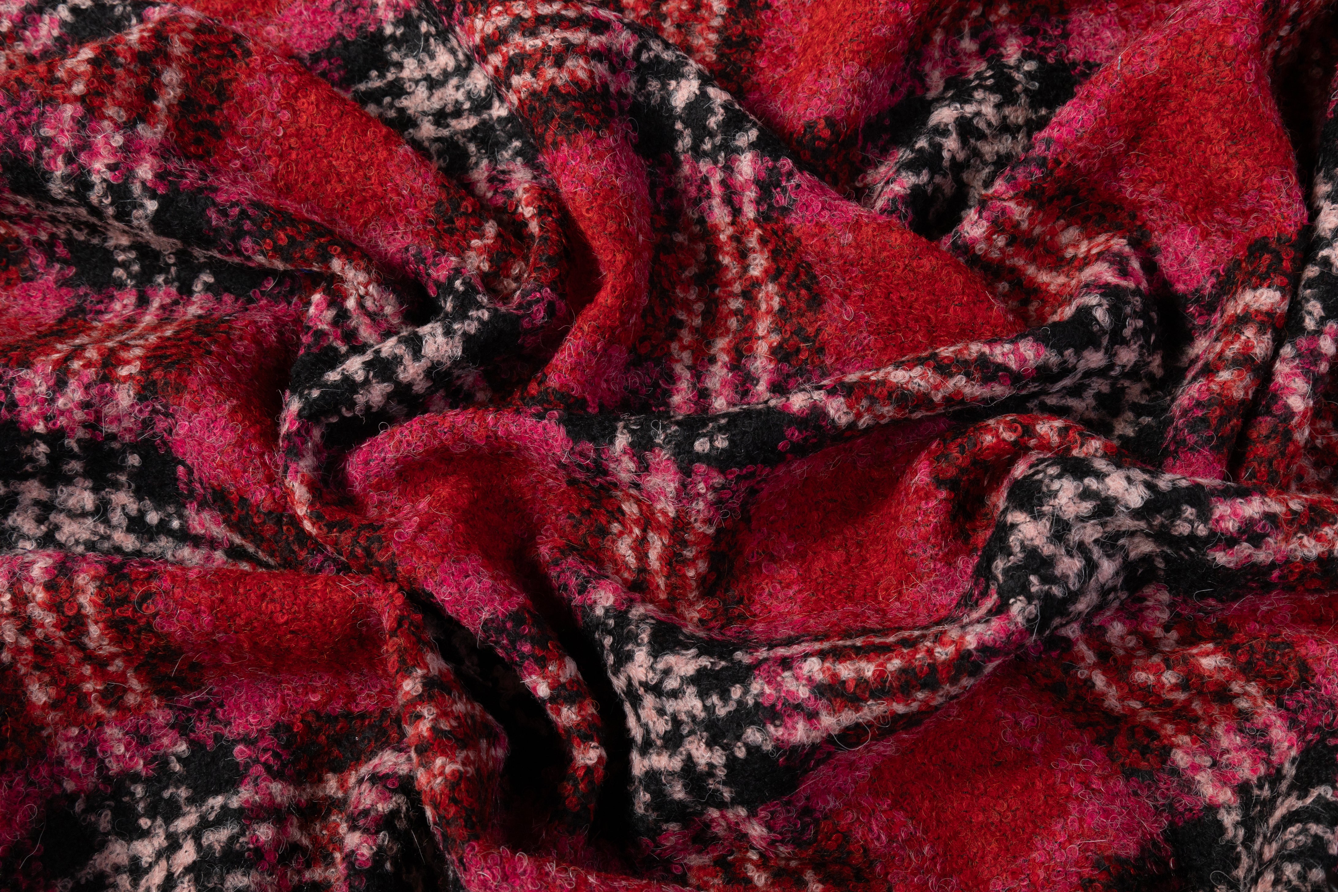 Checked Italian Wool Blend Boucle - Pink / Red / Black